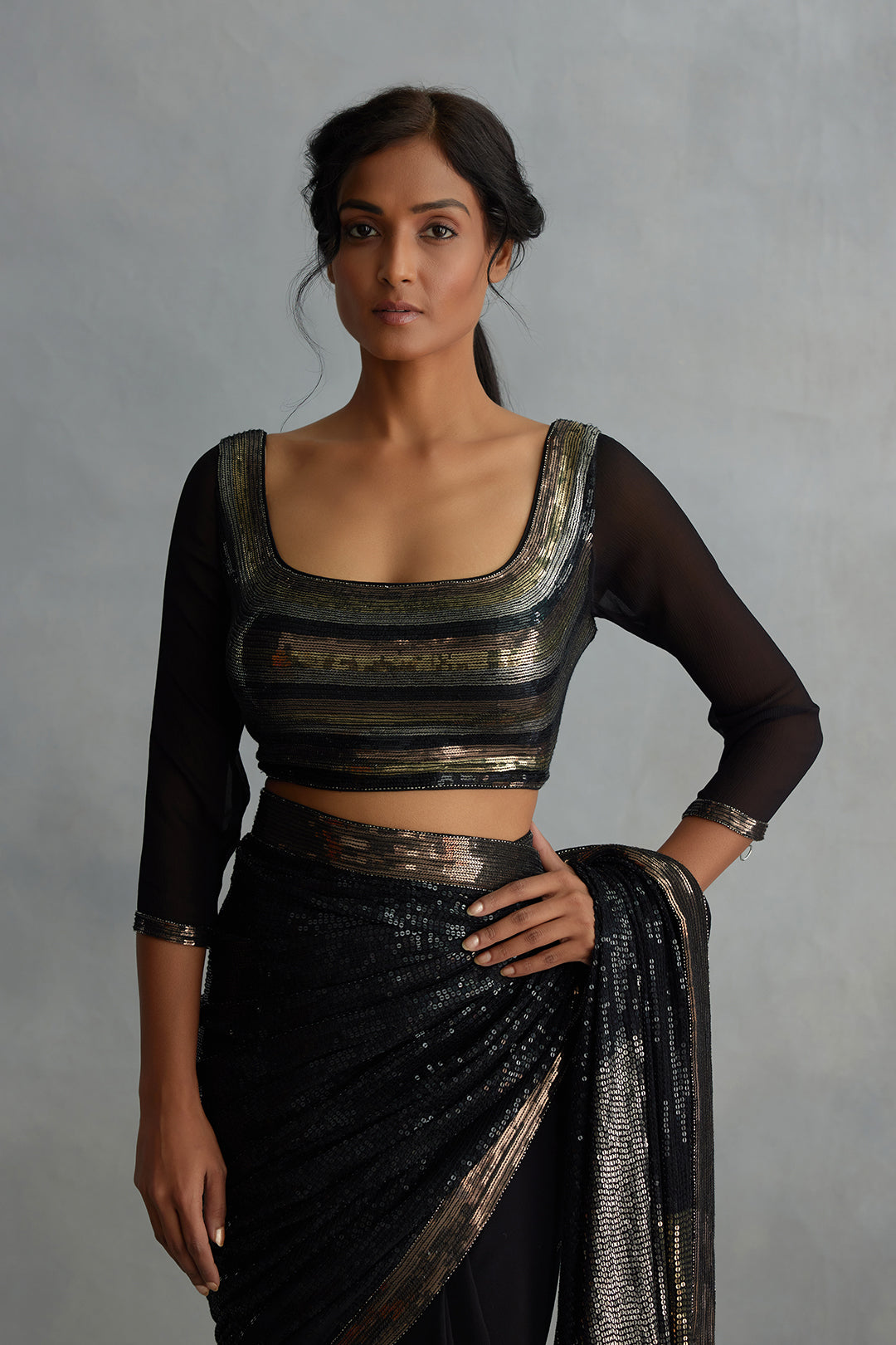 Sari Set in Colour Block Sequin Embroidery