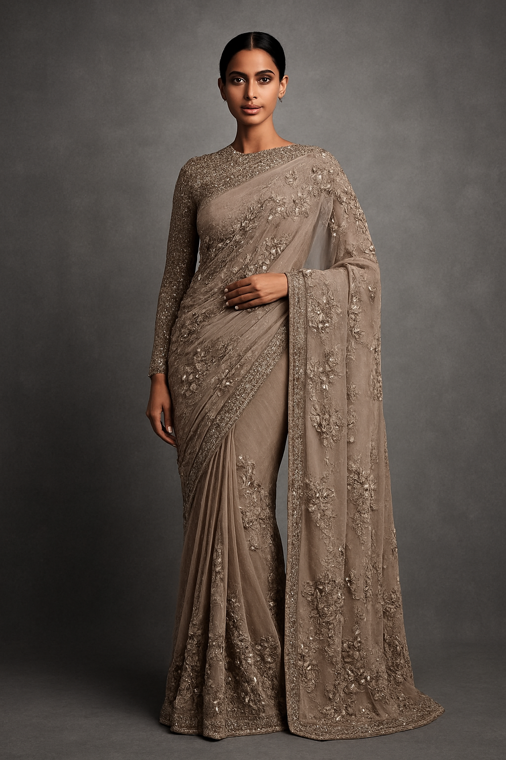Sari Set with 3D floral embroidery
