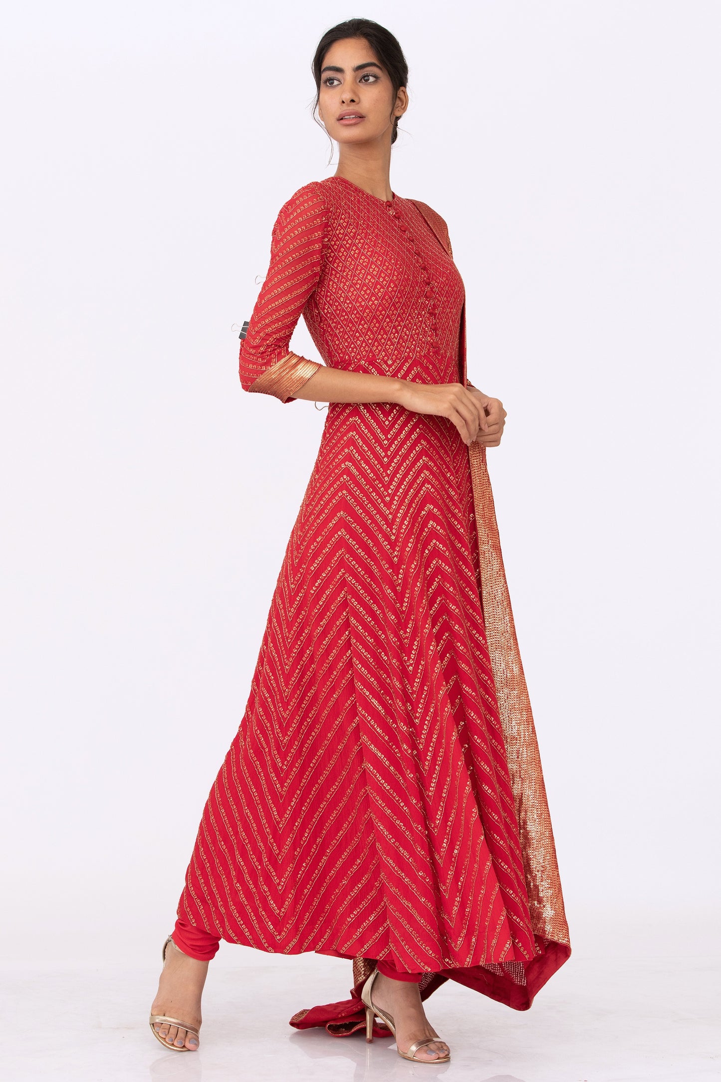Anarkali Kurta Set in Gołd Sequin Embroidery