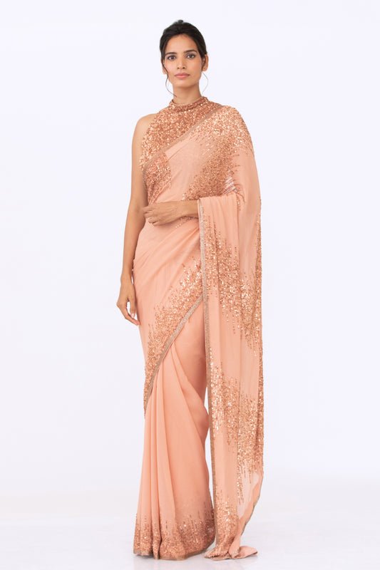 Sari Set in Metallic Pink Sequin Embroidery