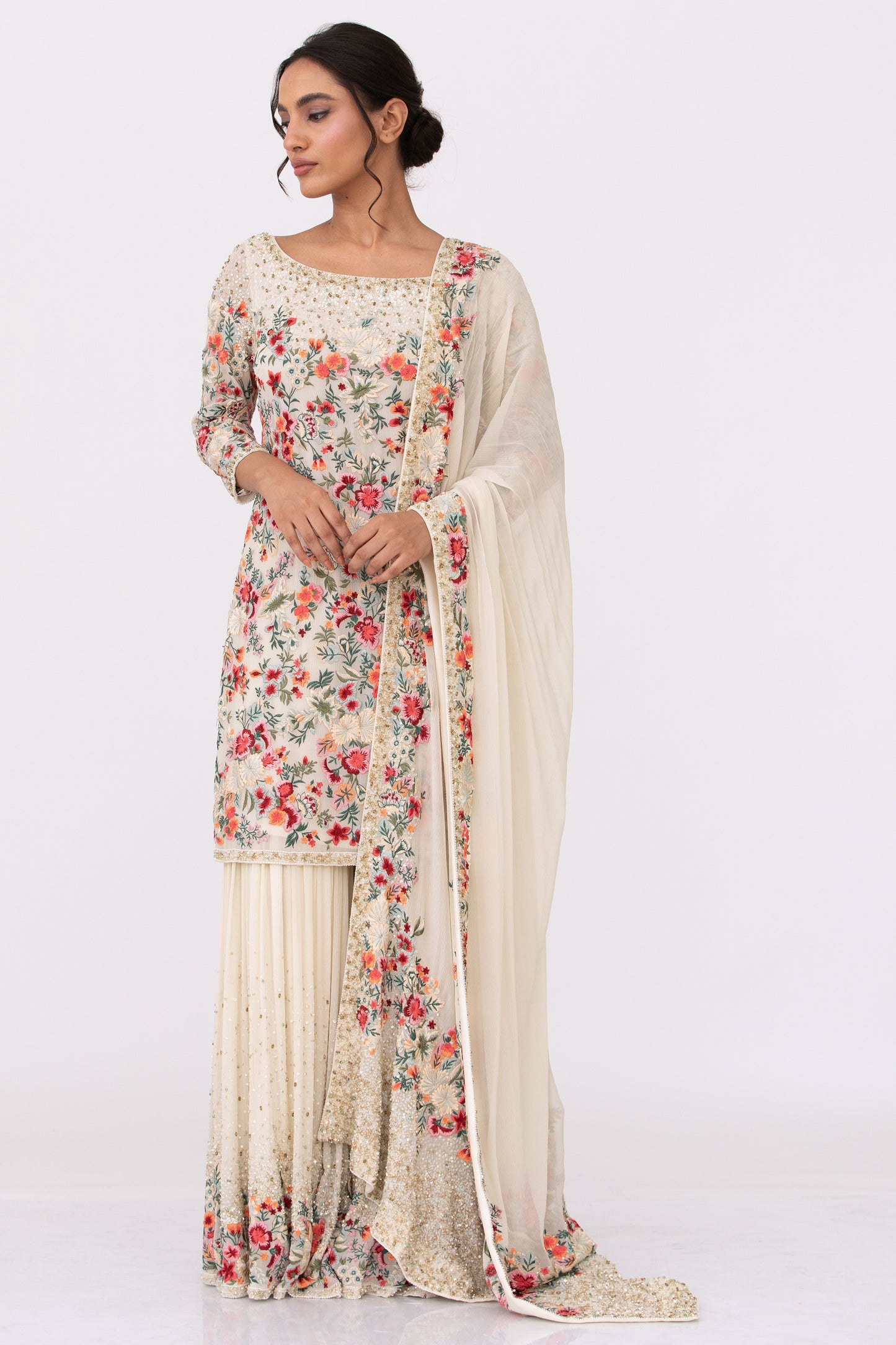 Gharara Set in Floral Thread Embroidery