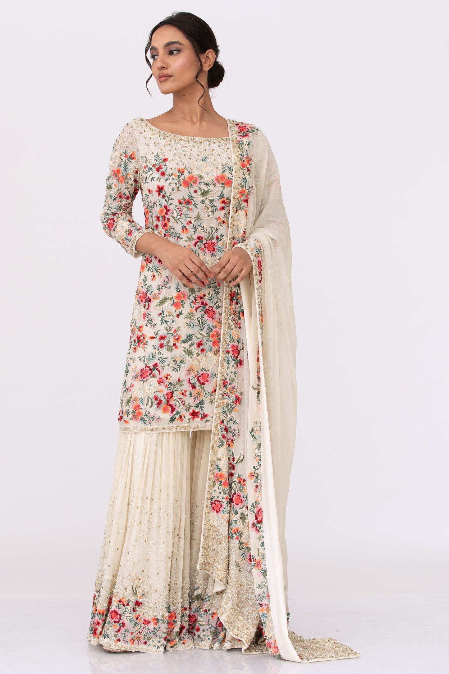 Gharara Set in Floral Thread Embroidery