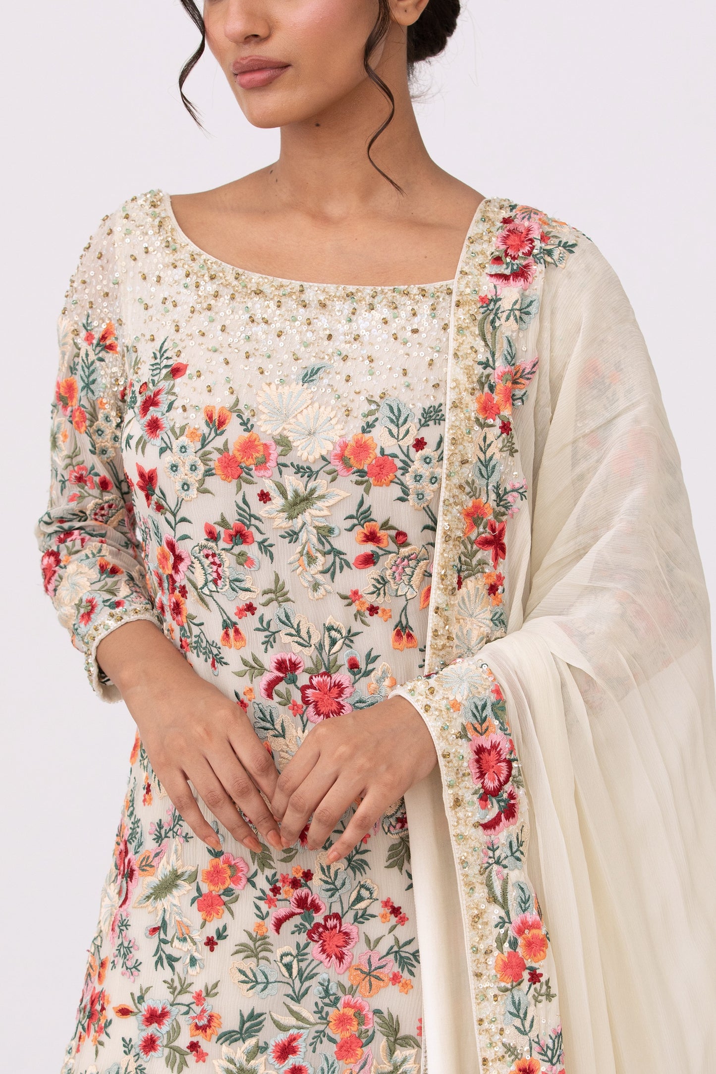 Gharara Set in Floral Thread Embroidery