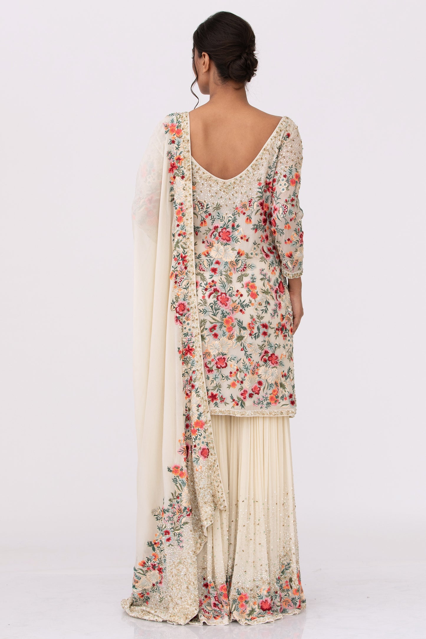 Gharara Set in Floral Thread Embroidery