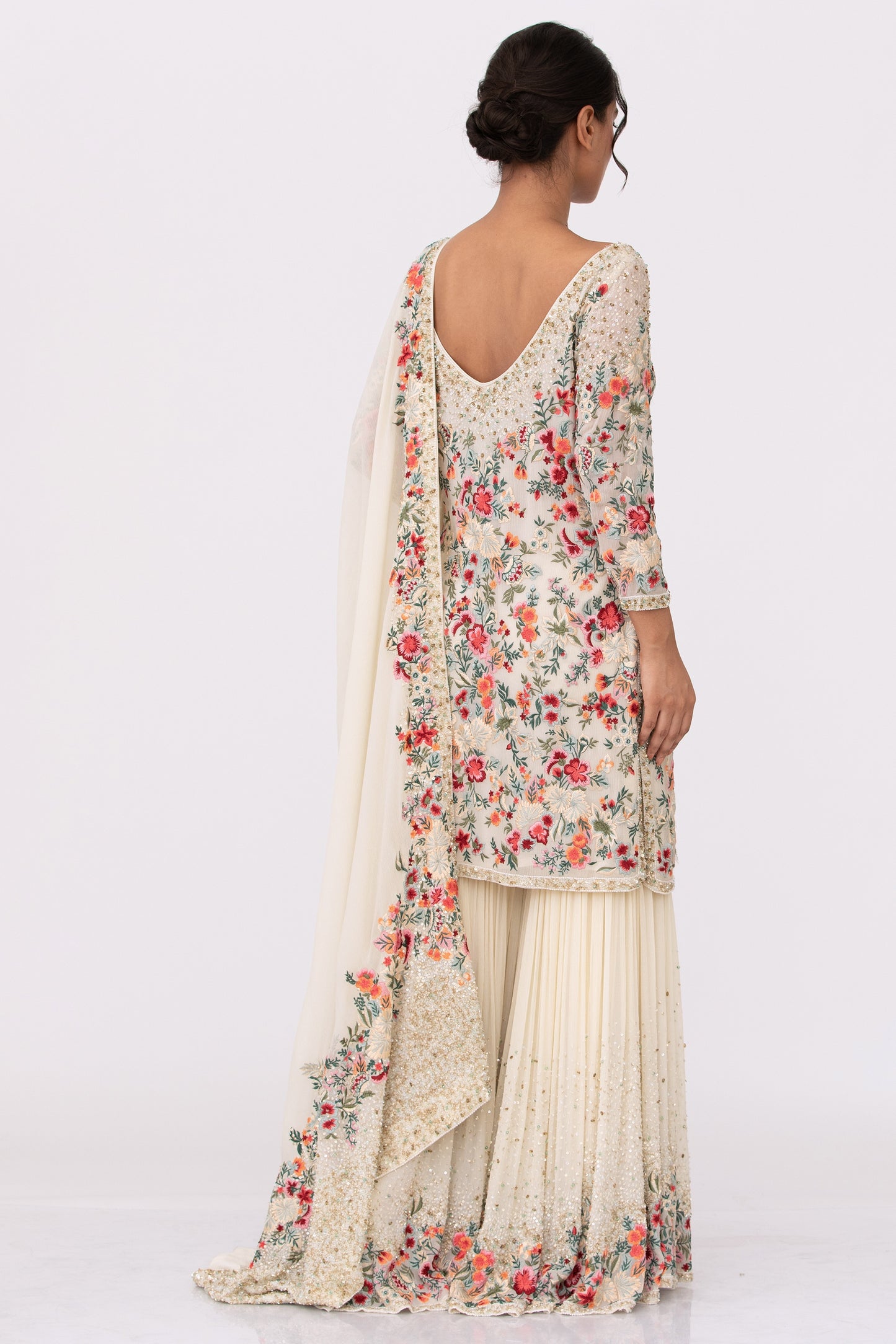 Gharara Set in Floral Thread Embroidery