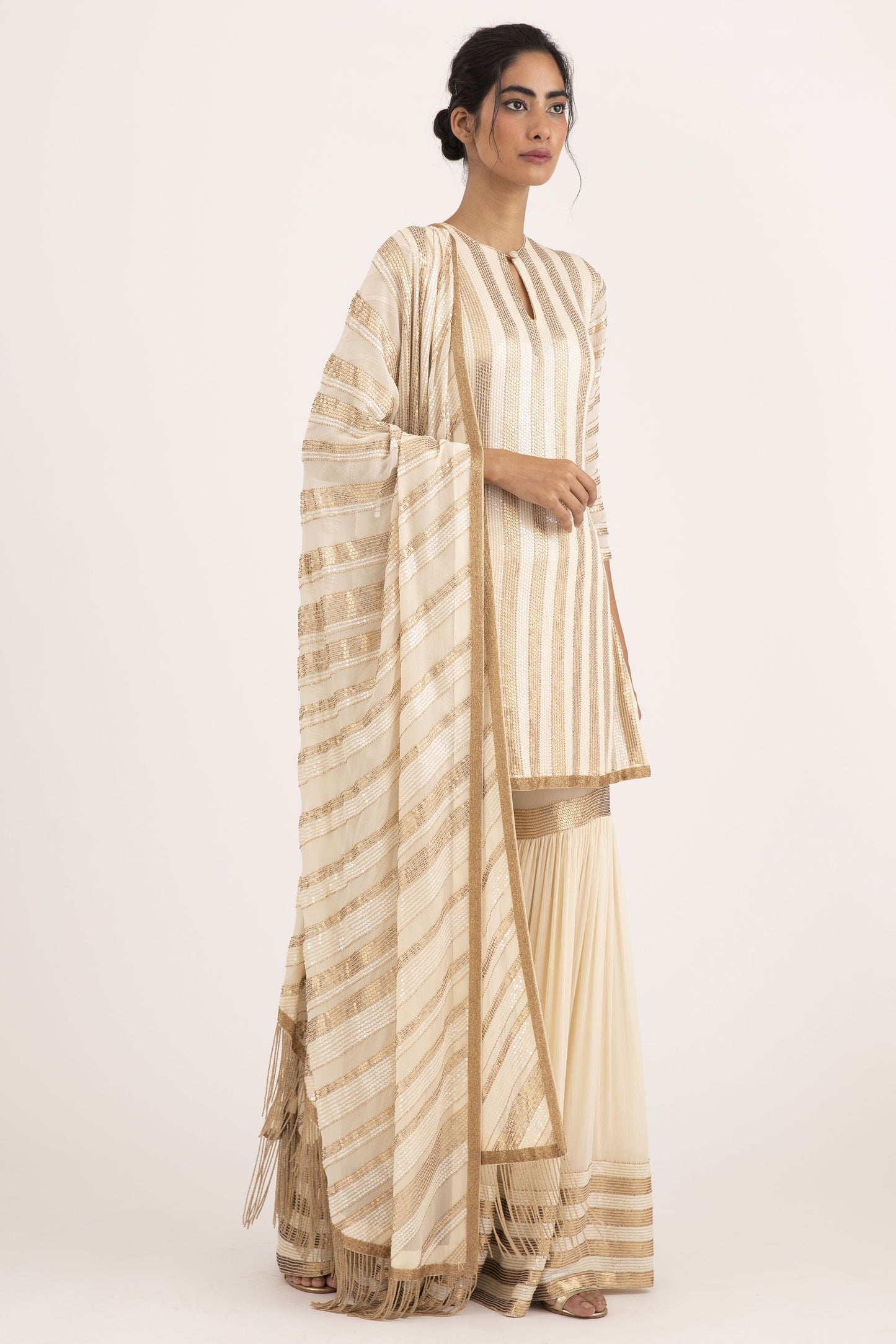 Gharara Set in Striped Sequin Embroidery