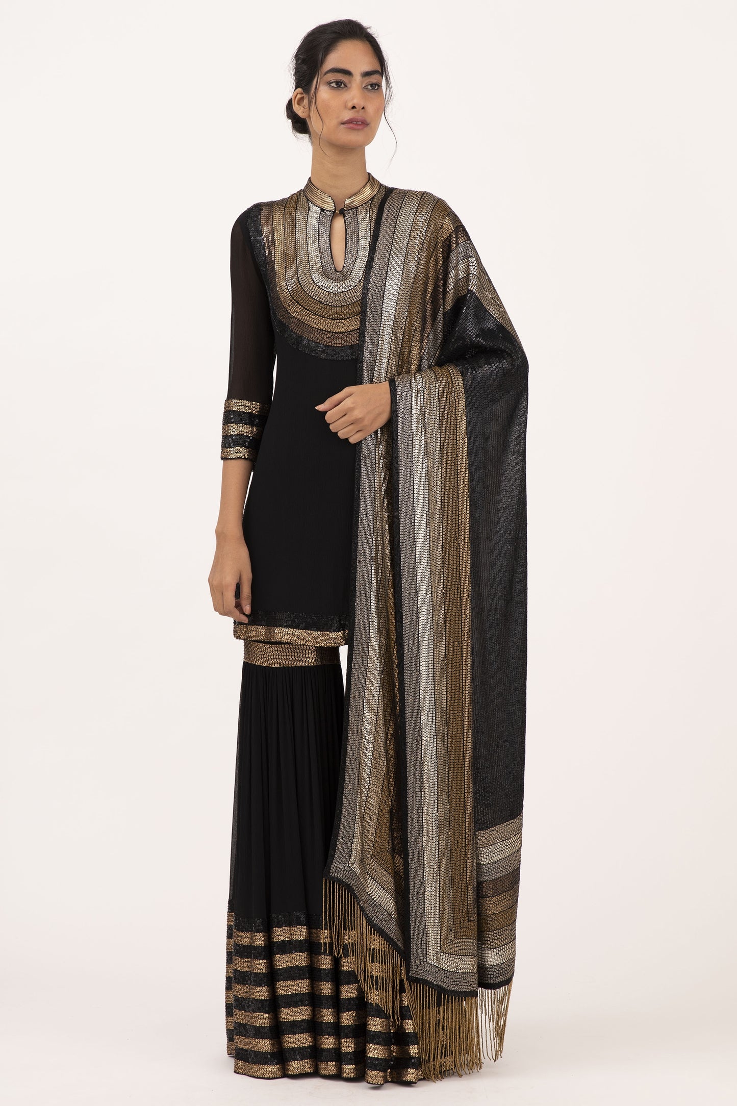 Gharara Set in Striped Sequin Embroidery