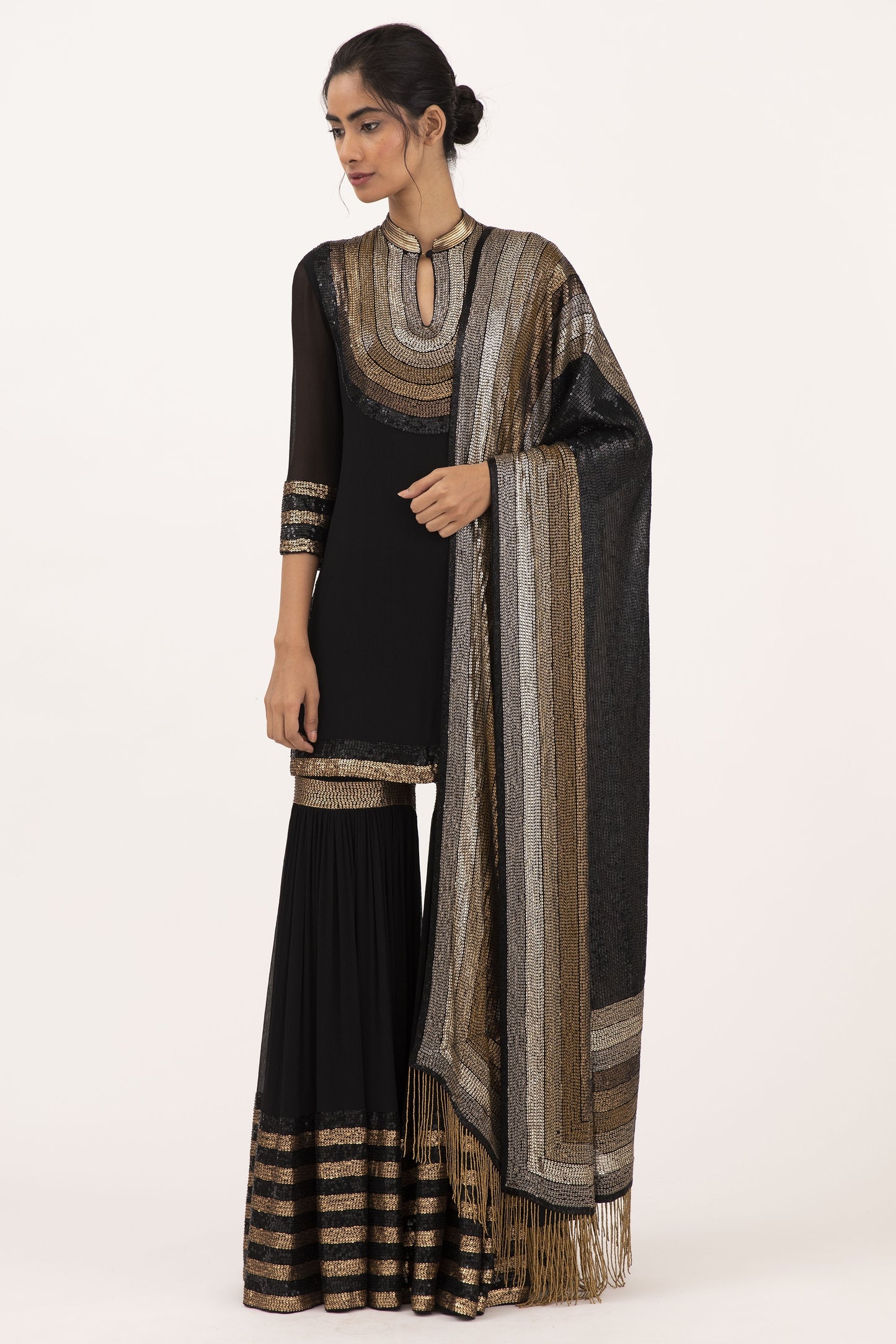 Gharara Set in Striped Sequin Embroidery