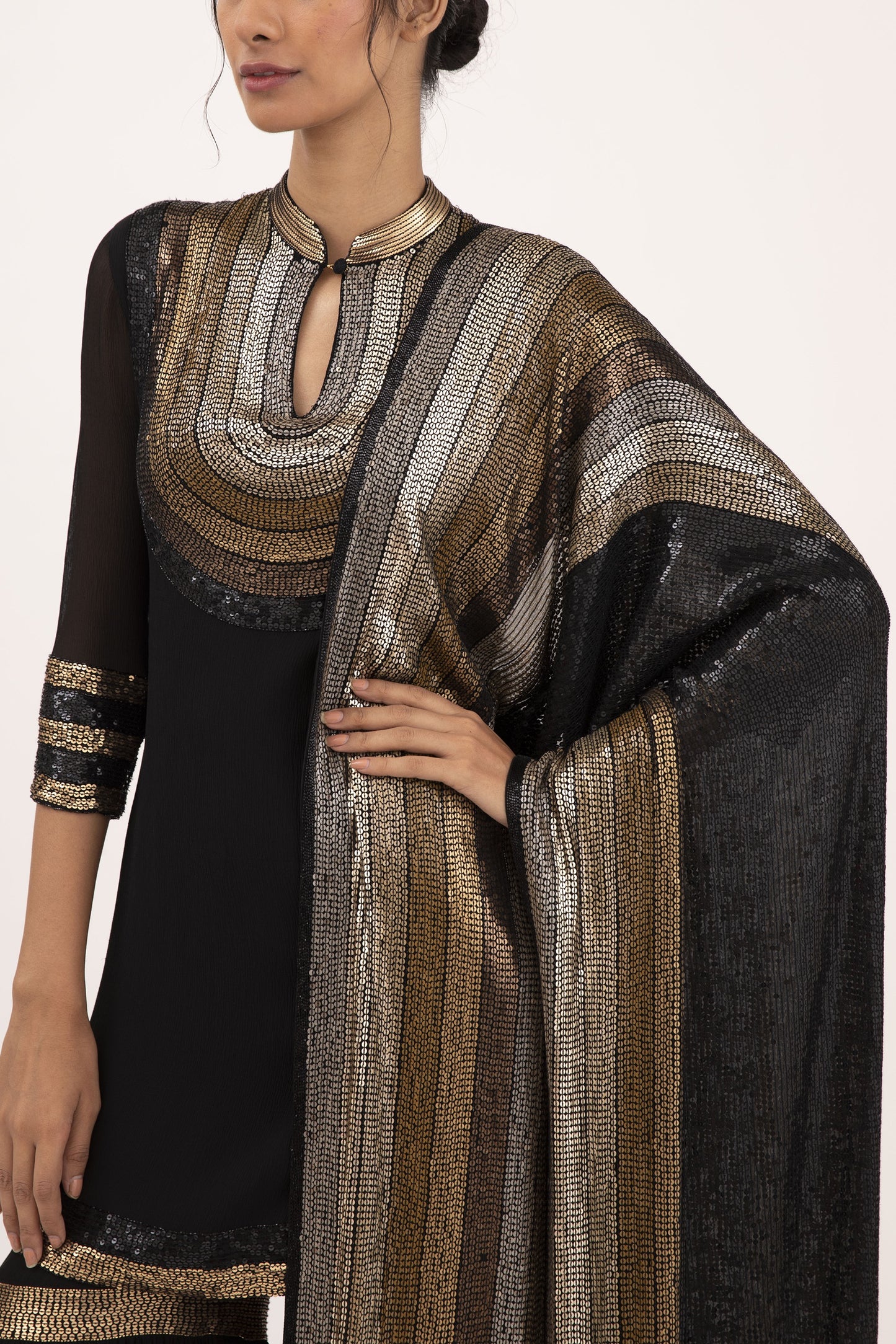 Gharara Set in Striped Sequin Embroidery