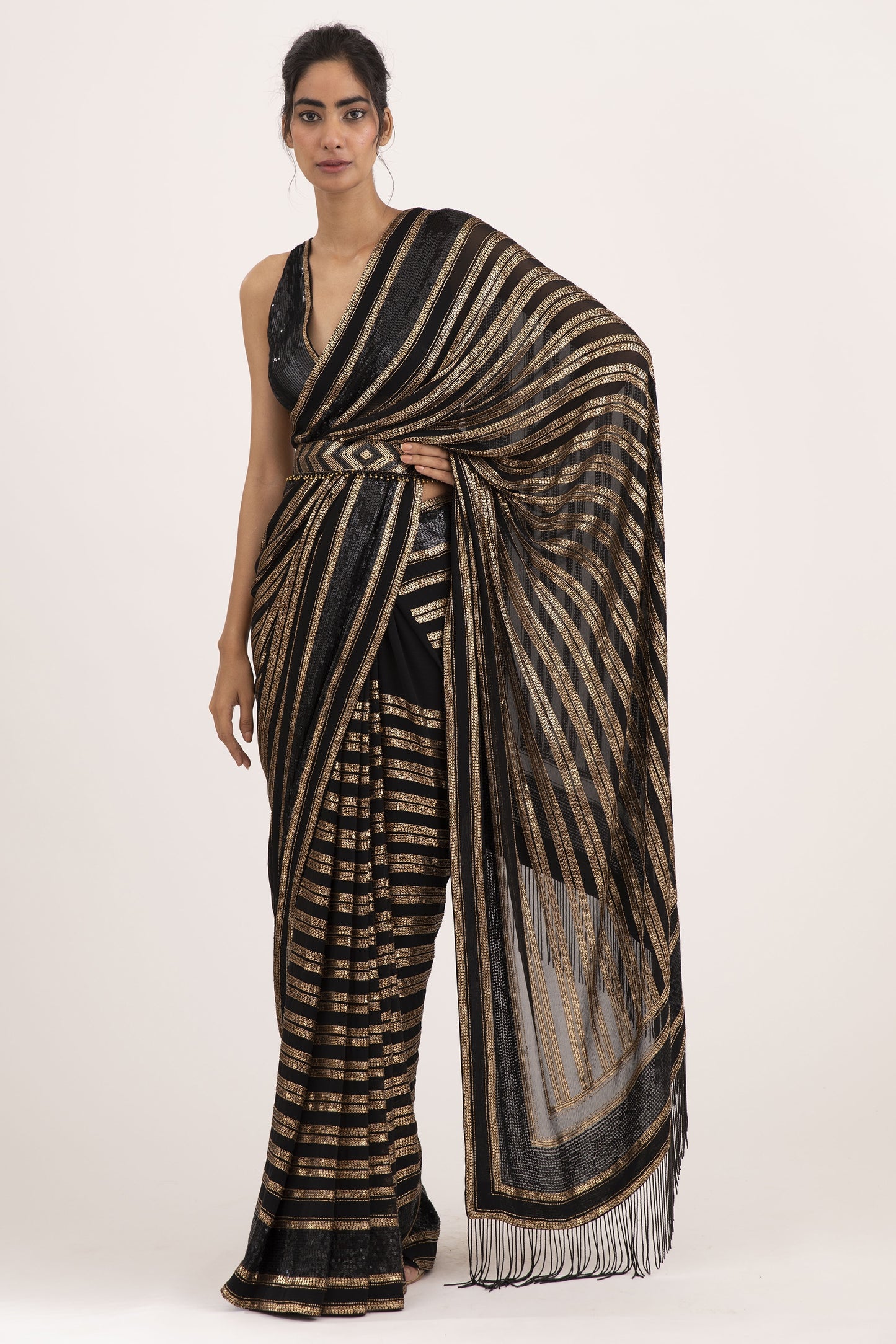 Sari Set in Striped Sequin Embroidery