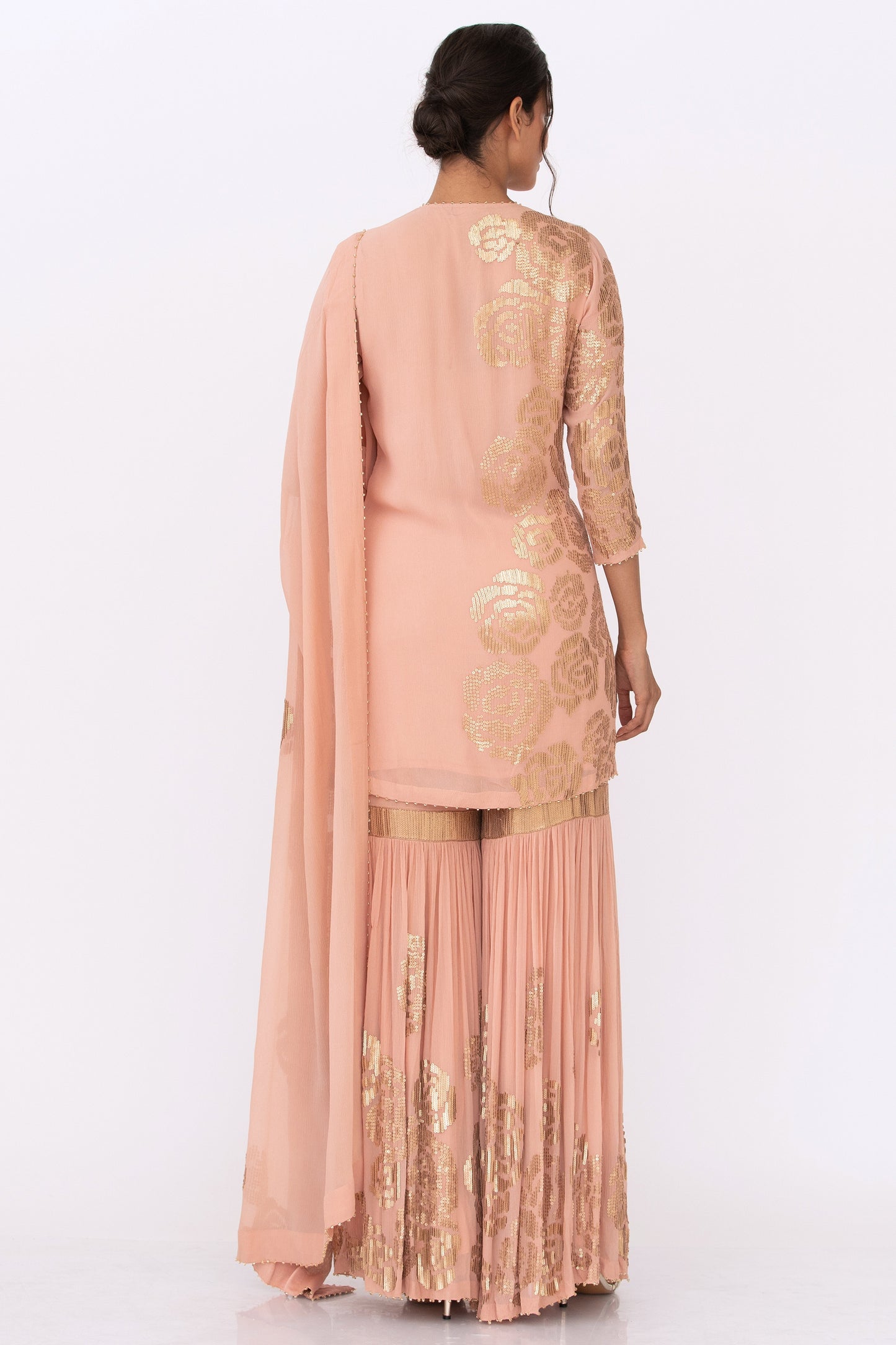 Gharara Set in Signature Rose Design in Gold Sequins Embroidery