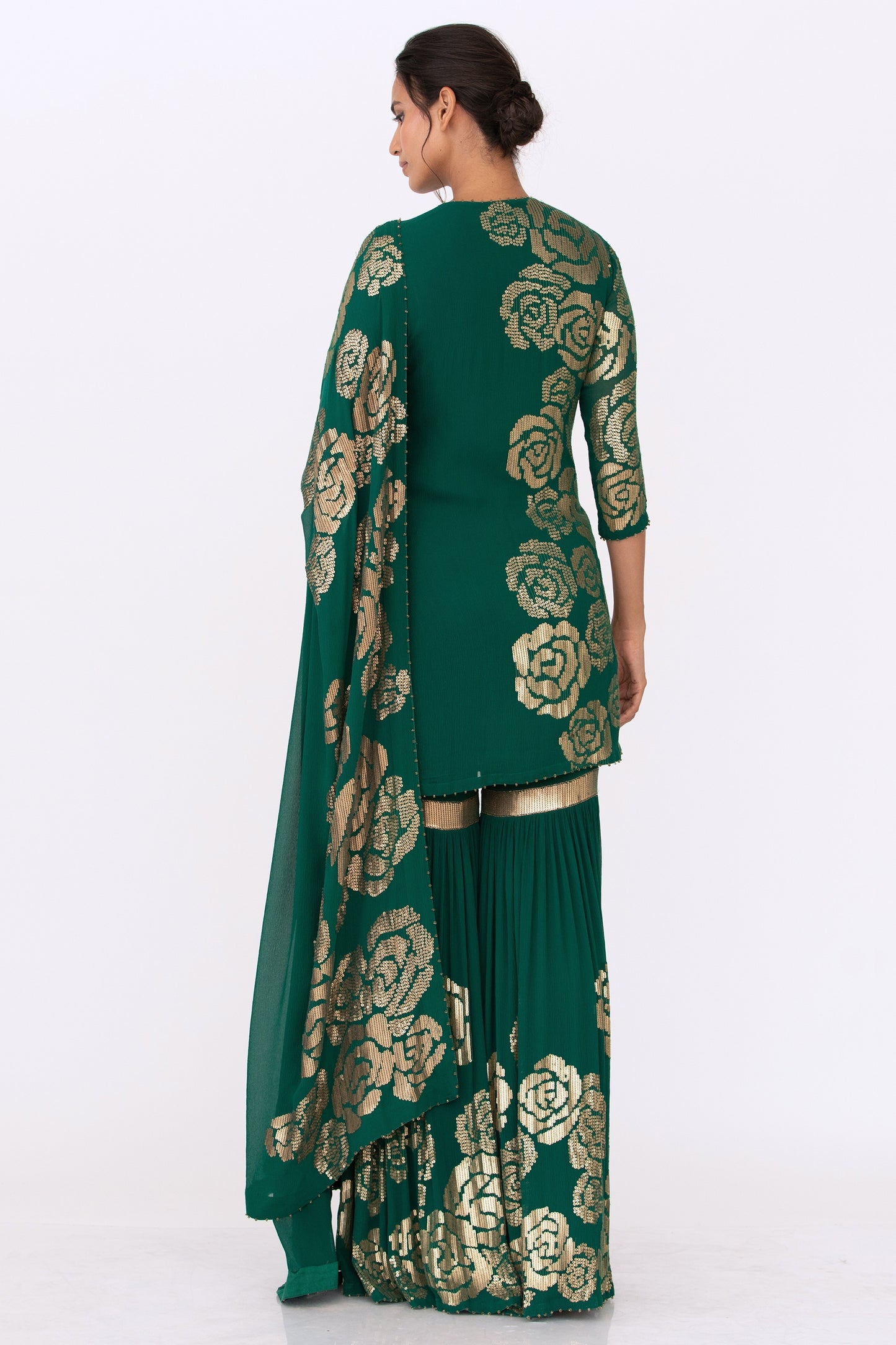 Gharara Set in Signature Rose Design in Gold Sequins Embroidery
