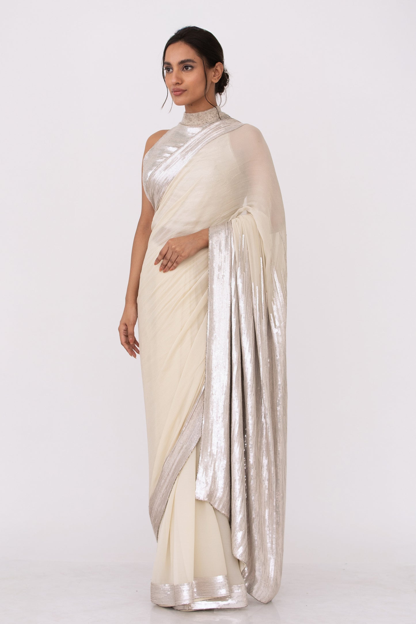 Sari Set in Silver Sequin Embroidery