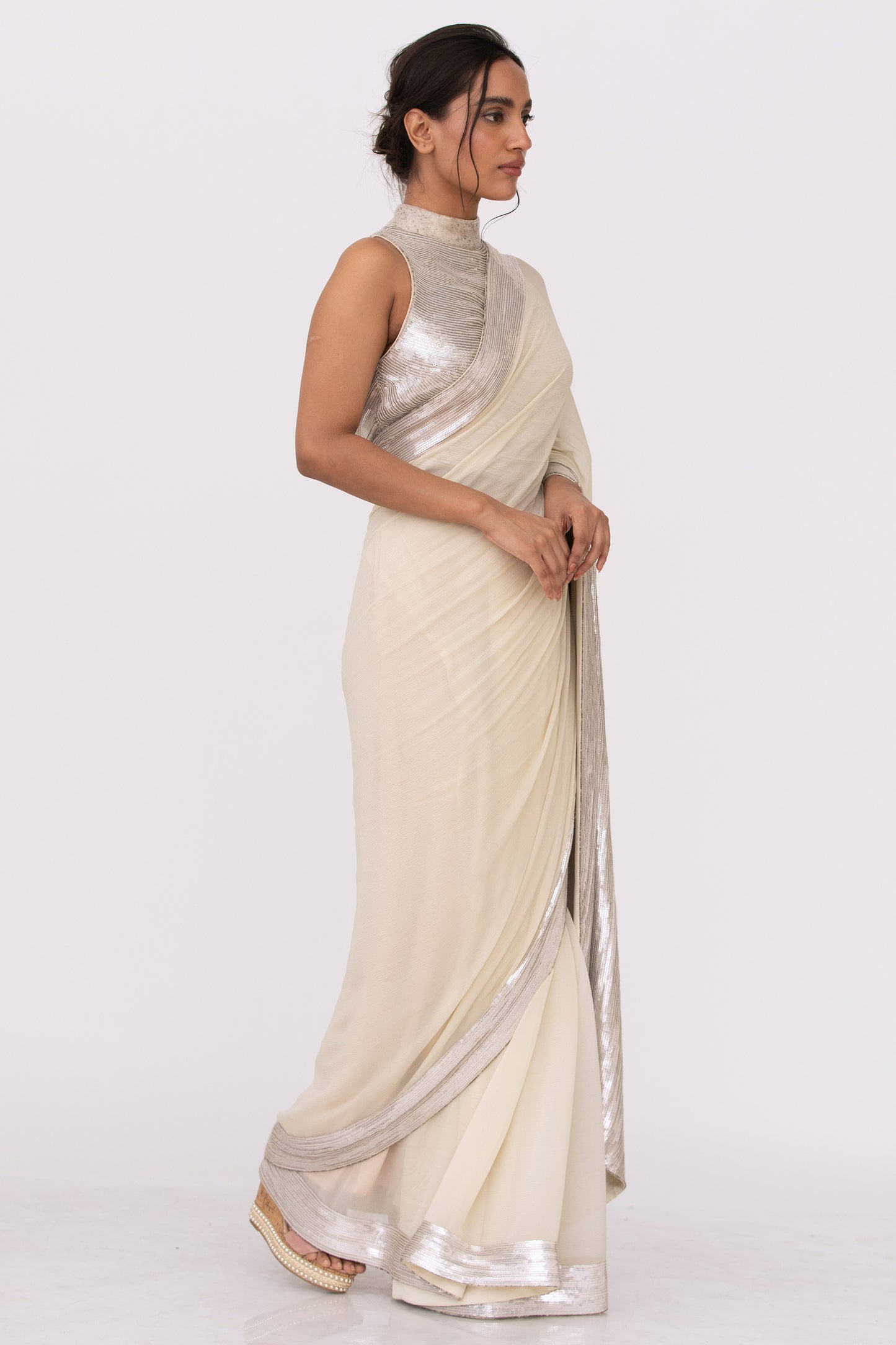 Sari Set in Silver Sequin Embroidery