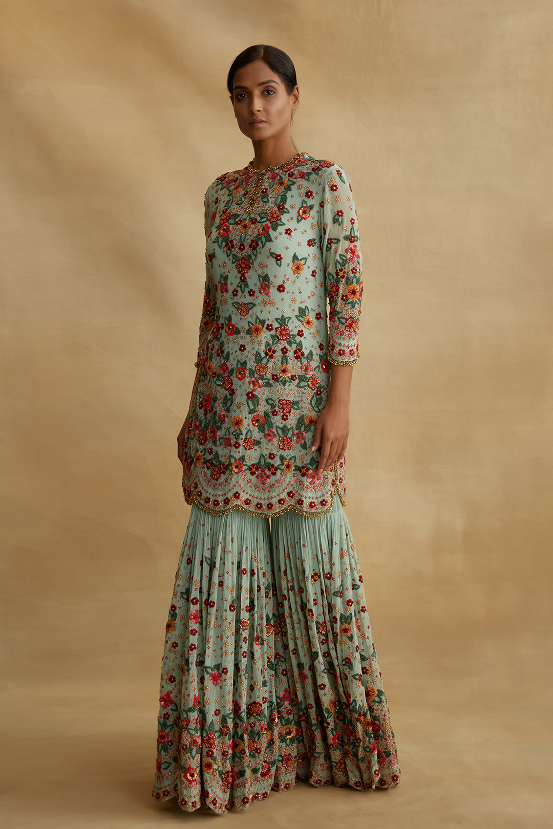 Gharara Set in Floral Multi Thread Embroidery