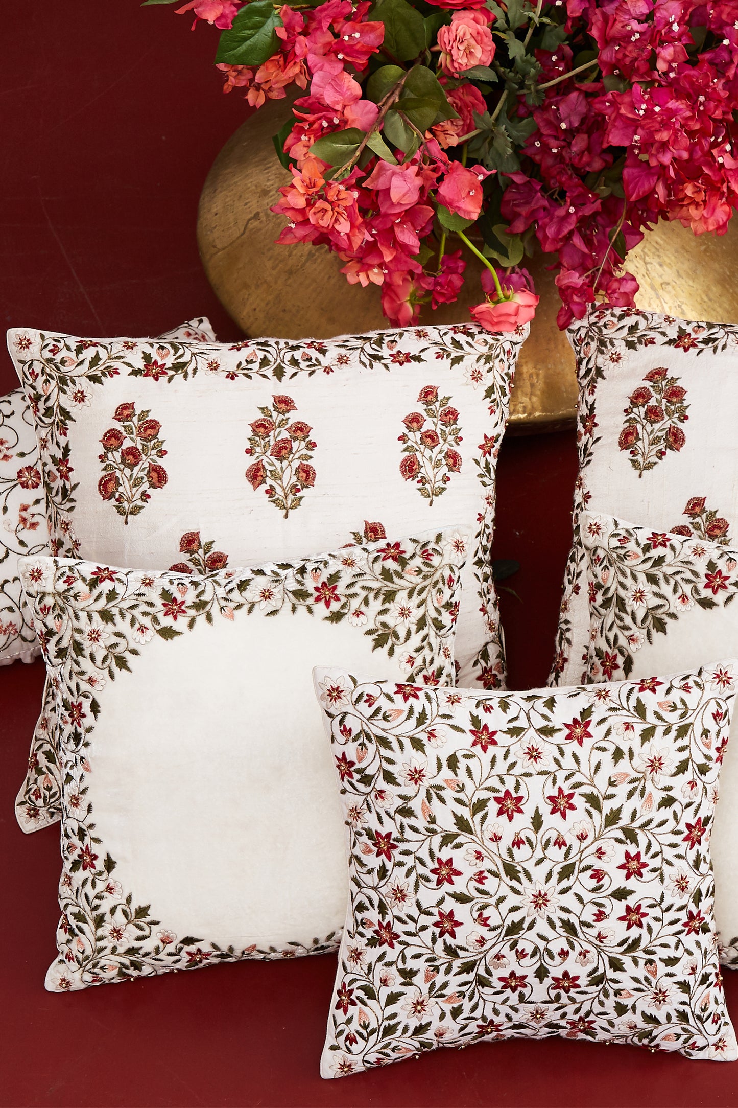Nakul Sen White Velvet Embroidered Cushion Cover With Filler Single Pc
