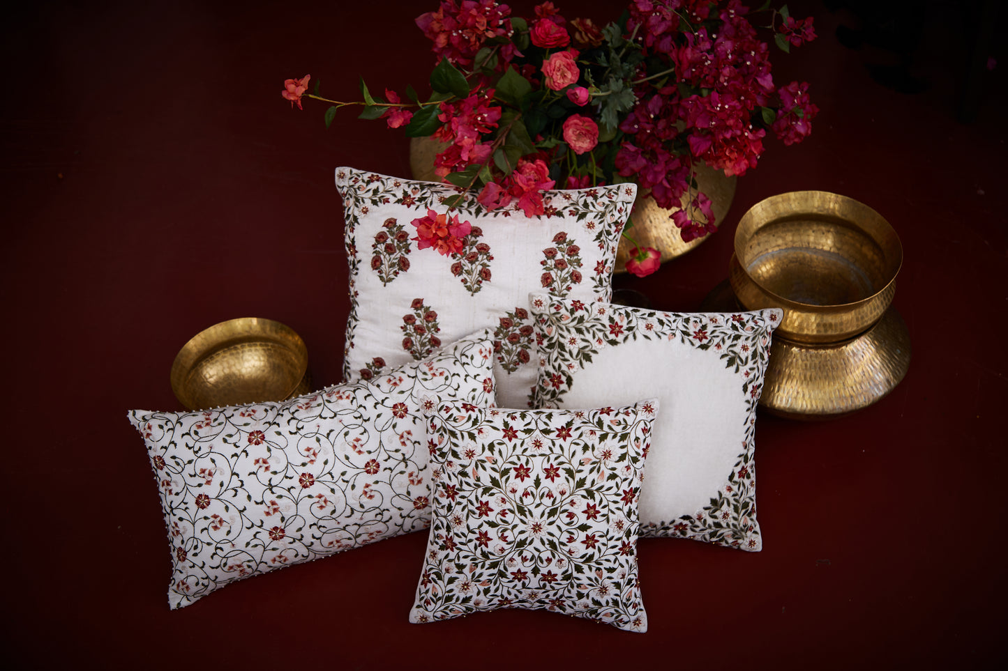 Nakul Sen White Chanderi Embroidered Cushion Cover With Filler Single Pc