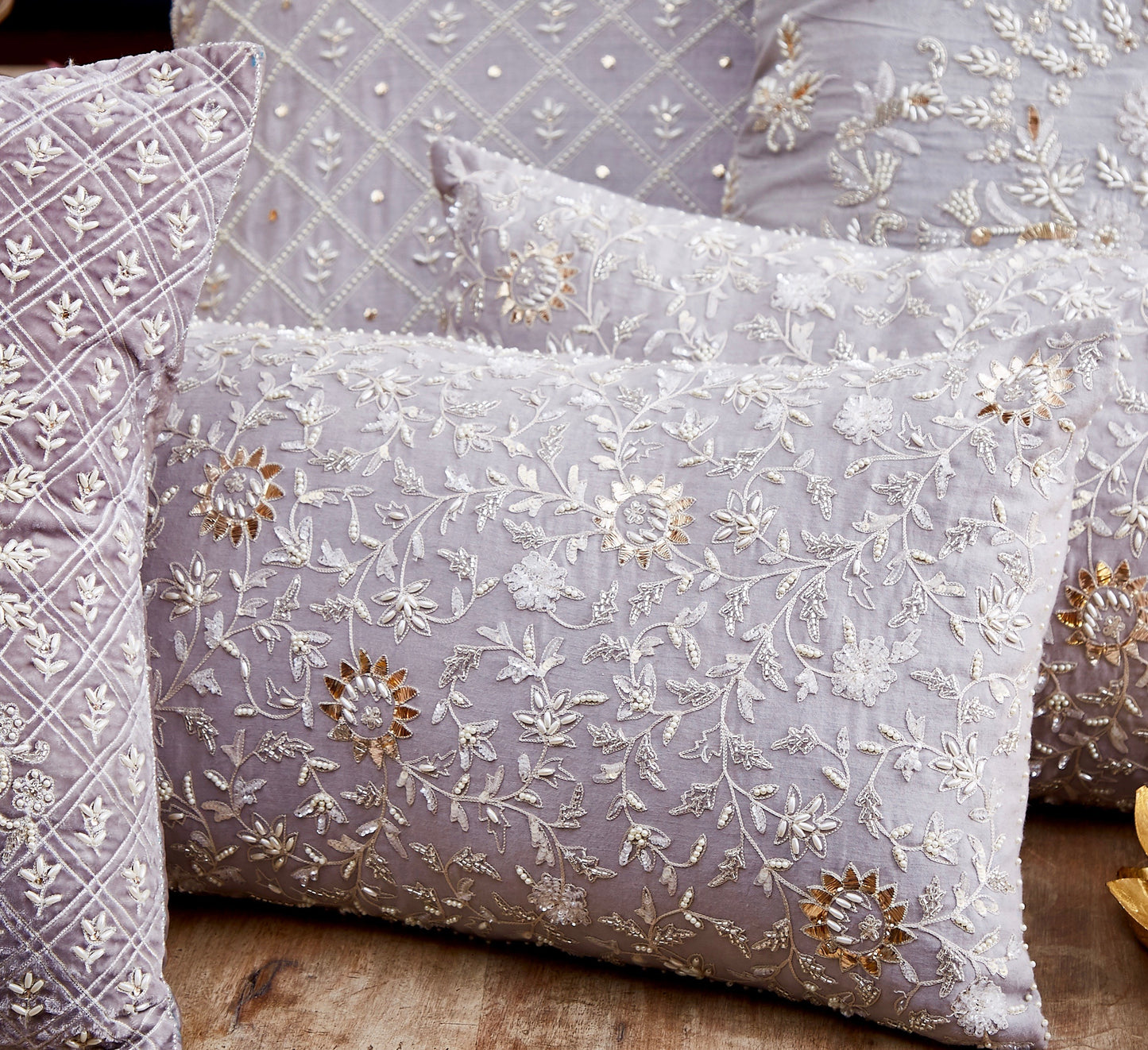 Nakul Sen Grey Cotton Embroidered Rectangle Cushion Cover With Filler Single Pc