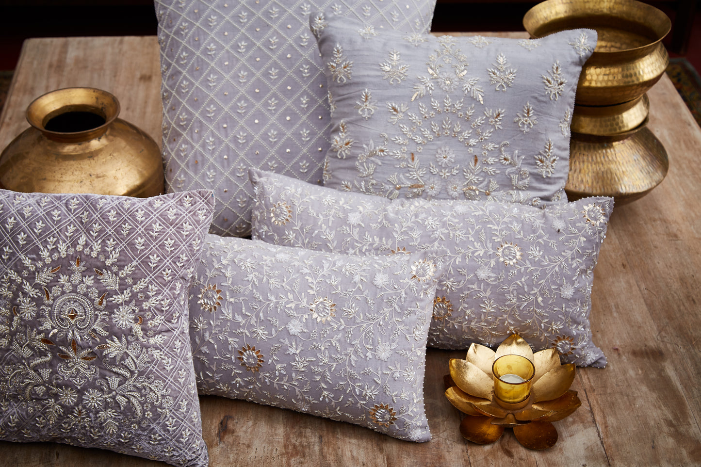 Nakul Sen Grey Cotton Embroidered Rectangle Cushion Cover With Filler Single Pc