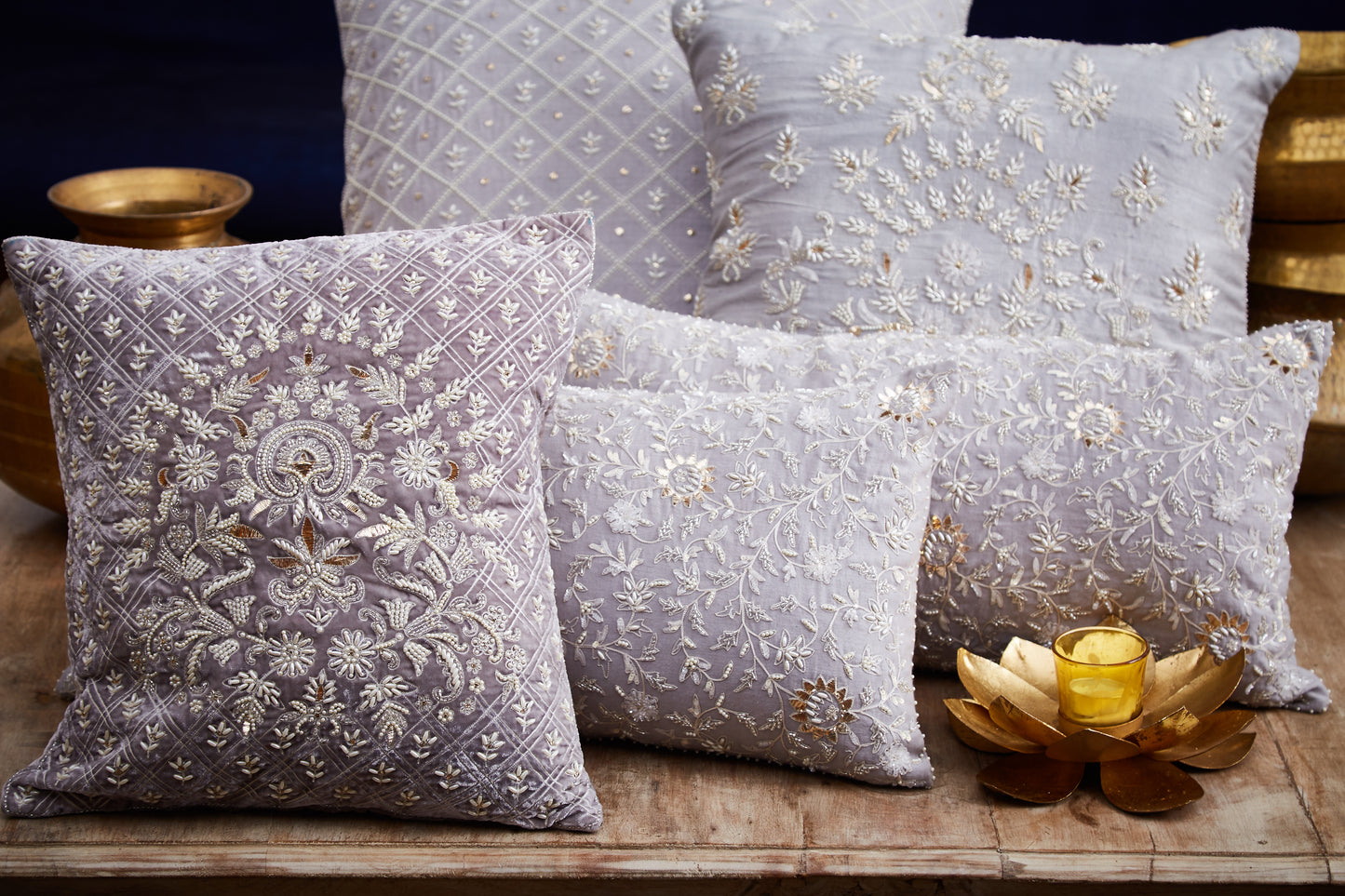 Nakul Sen Grey Cotton Embroidered Velvet Cushion Cover With Filler Single
