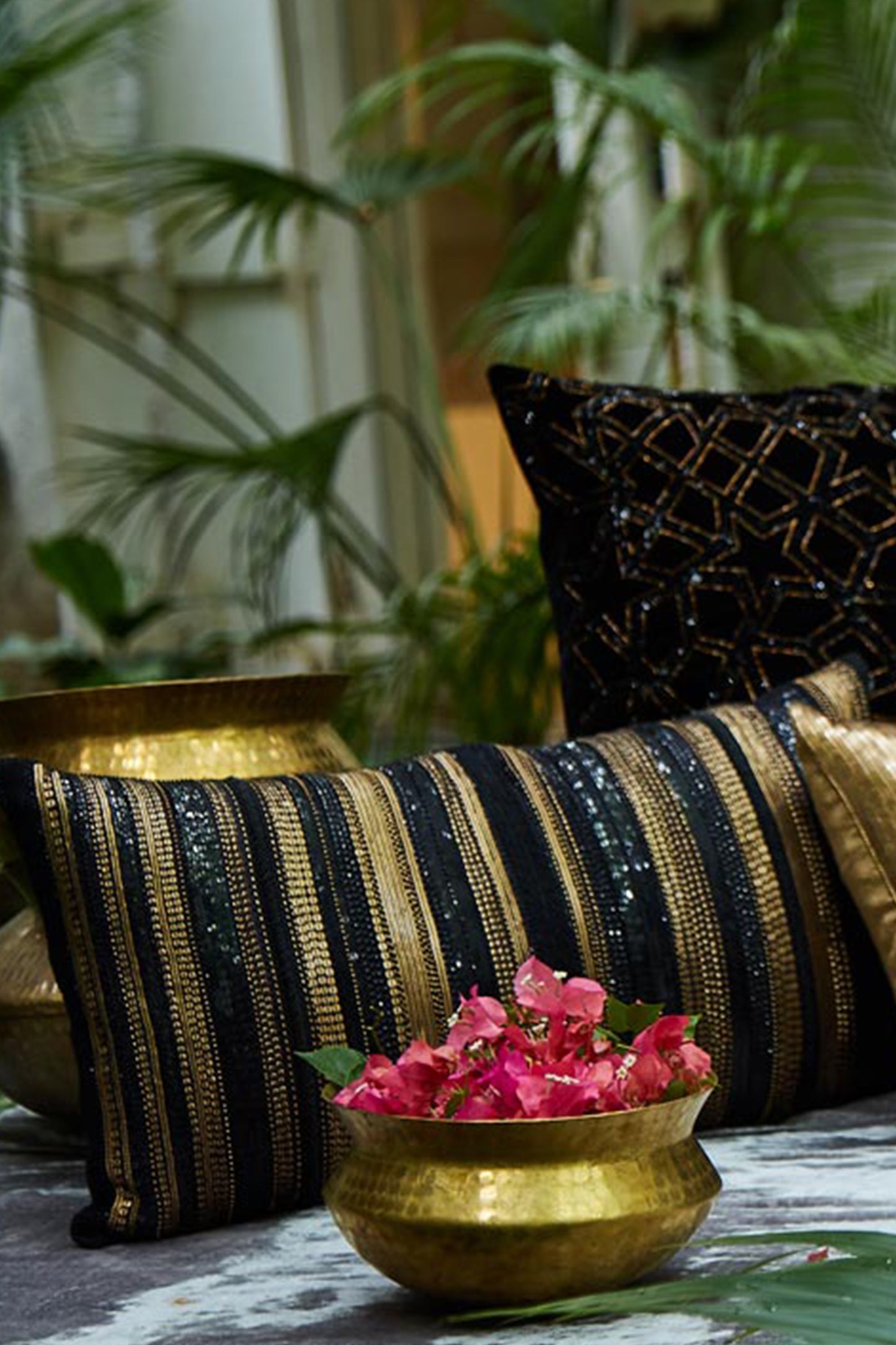 Nakul Sen Black Raw Silk Embroidered Rectangle Cushion Cover With Filler Single Pc