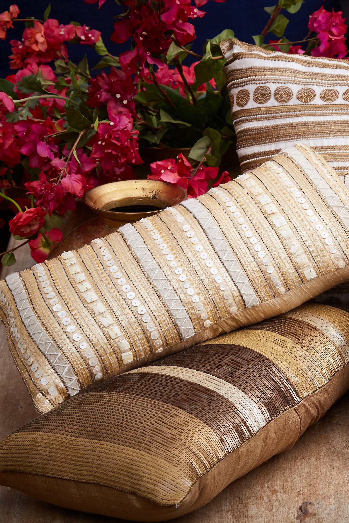 Nakul Sen Beige Raw Silk Embroidered Embellished Cushion Cover With Filler Single Pc