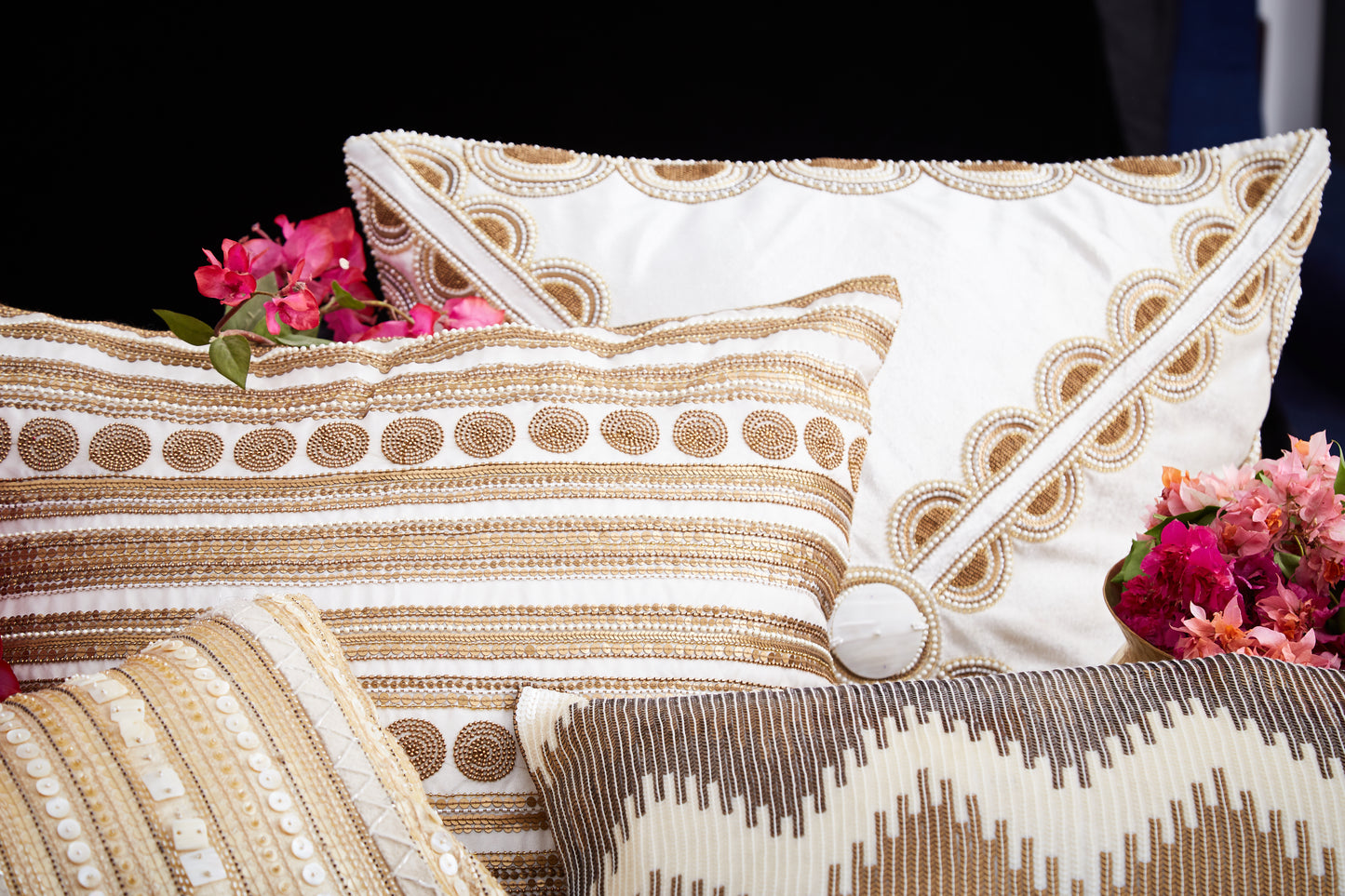 Nakul Sen White Organza Embroidered Cushion Cover With Filler Single Pc