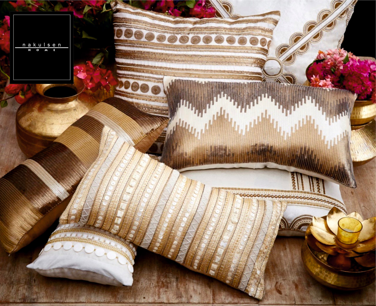 Nakul Sen Beige Raw Silk Embroidered Embellished Cushion Cover With Filler Single Pc