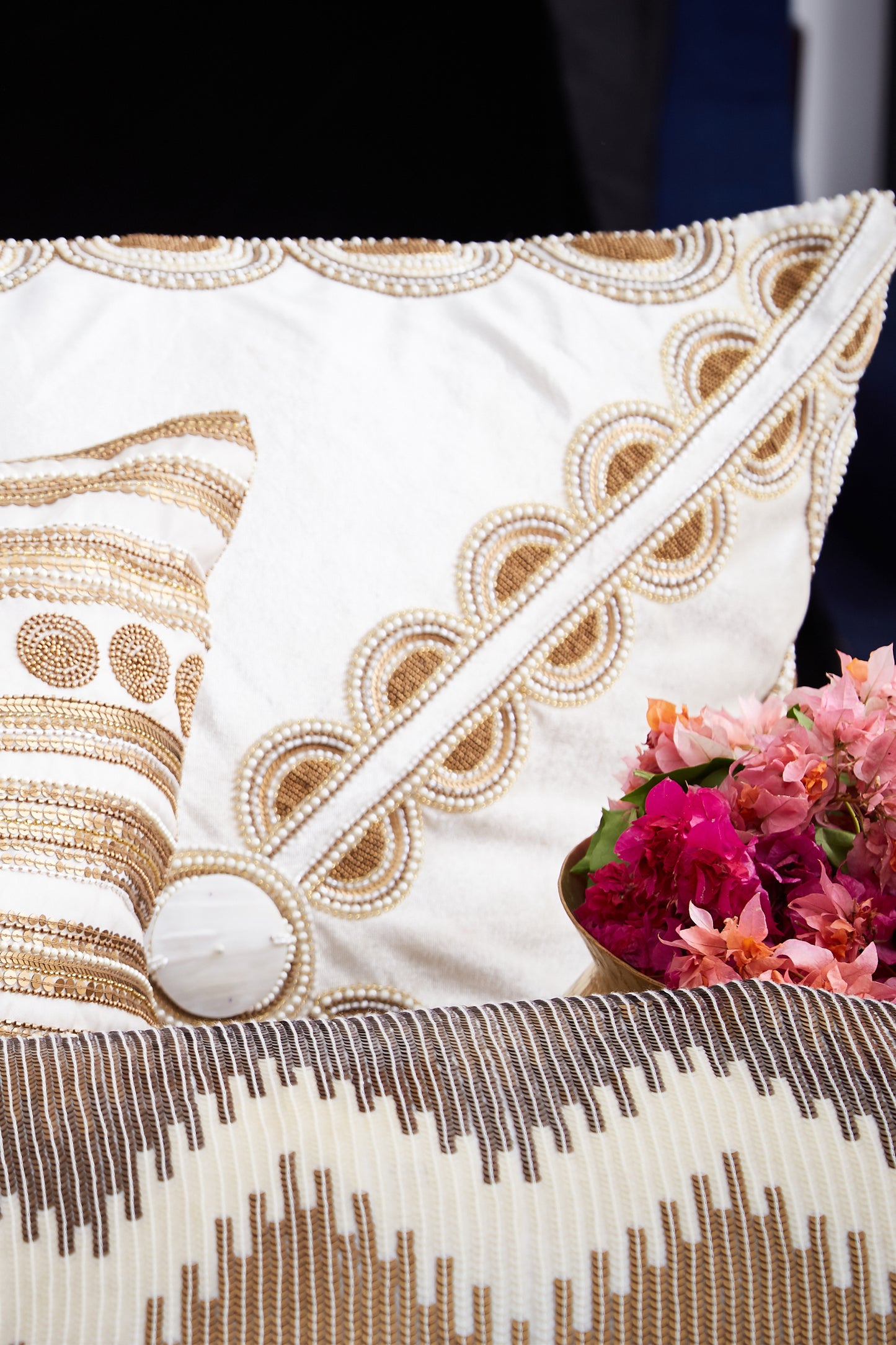 Nakul Sen White Velvet Embroidered Cushion Cover With Filler Single Pc