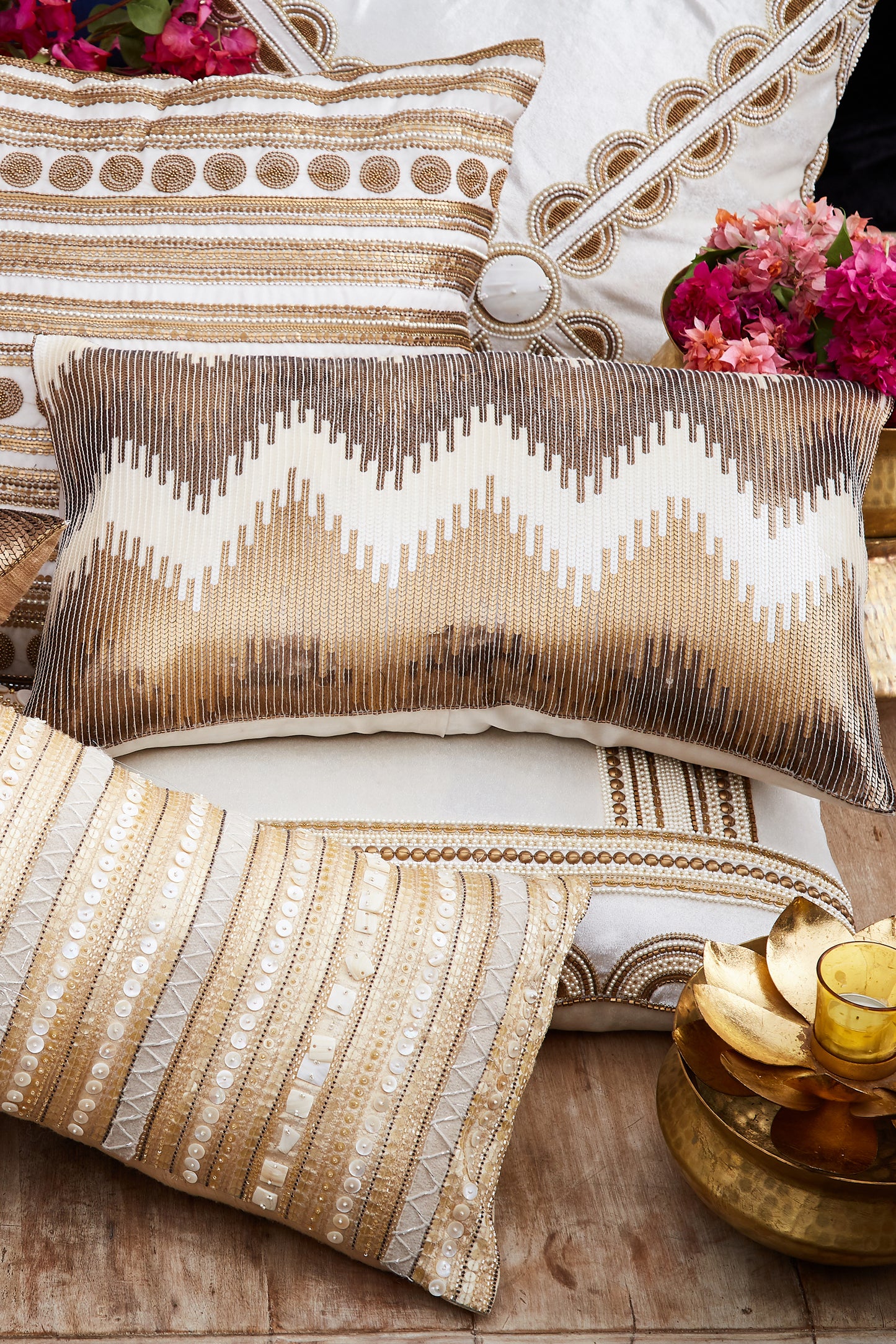 Nakul Sen White Organza Embroidered Cushion Cover With Filler Single Pc