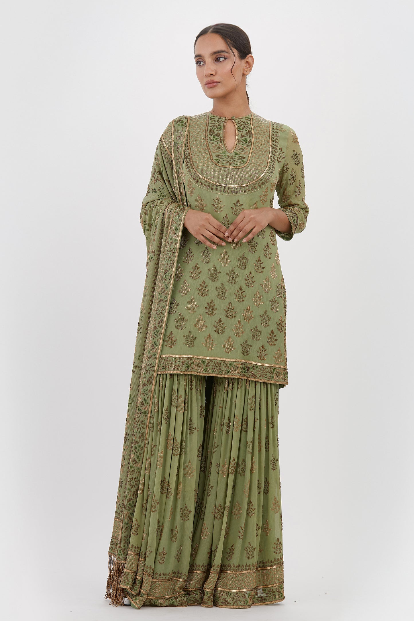 Gharara Set in Intricate Spiral Beadwork Embroidery