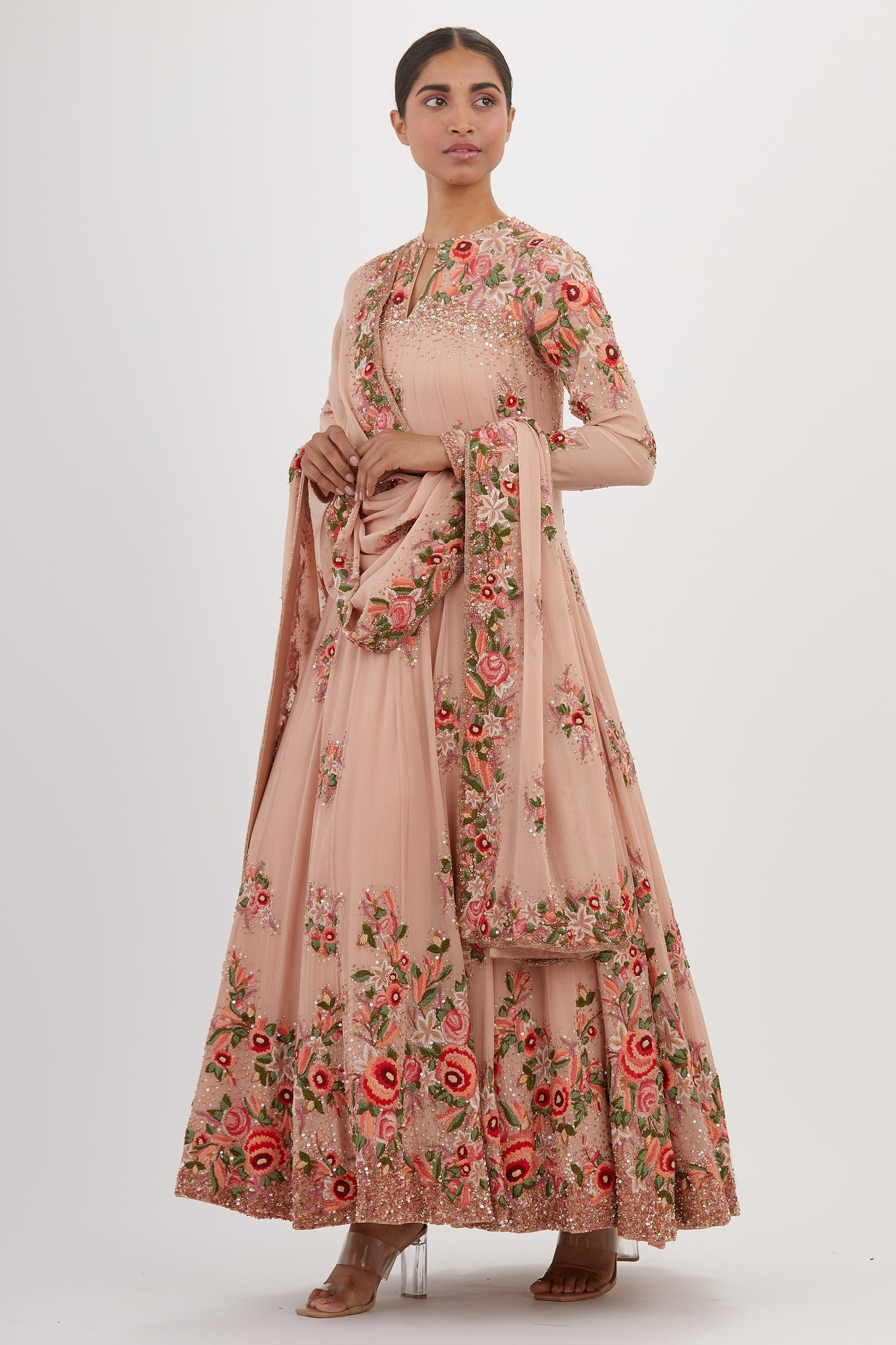Anarkali Kurta Set in Floral Thread Embroidery