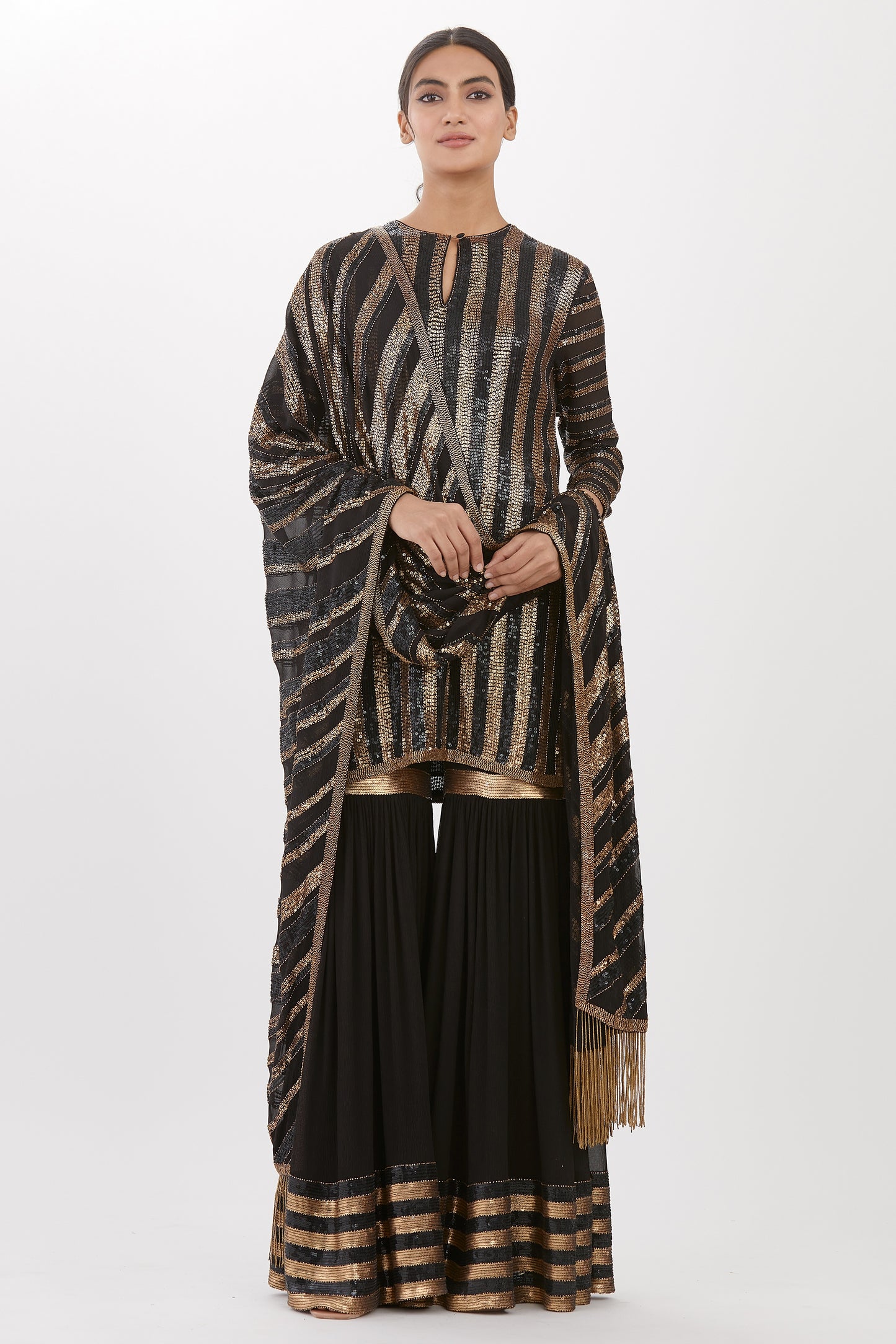 Gharara Set in Striped Sequin Embroidery