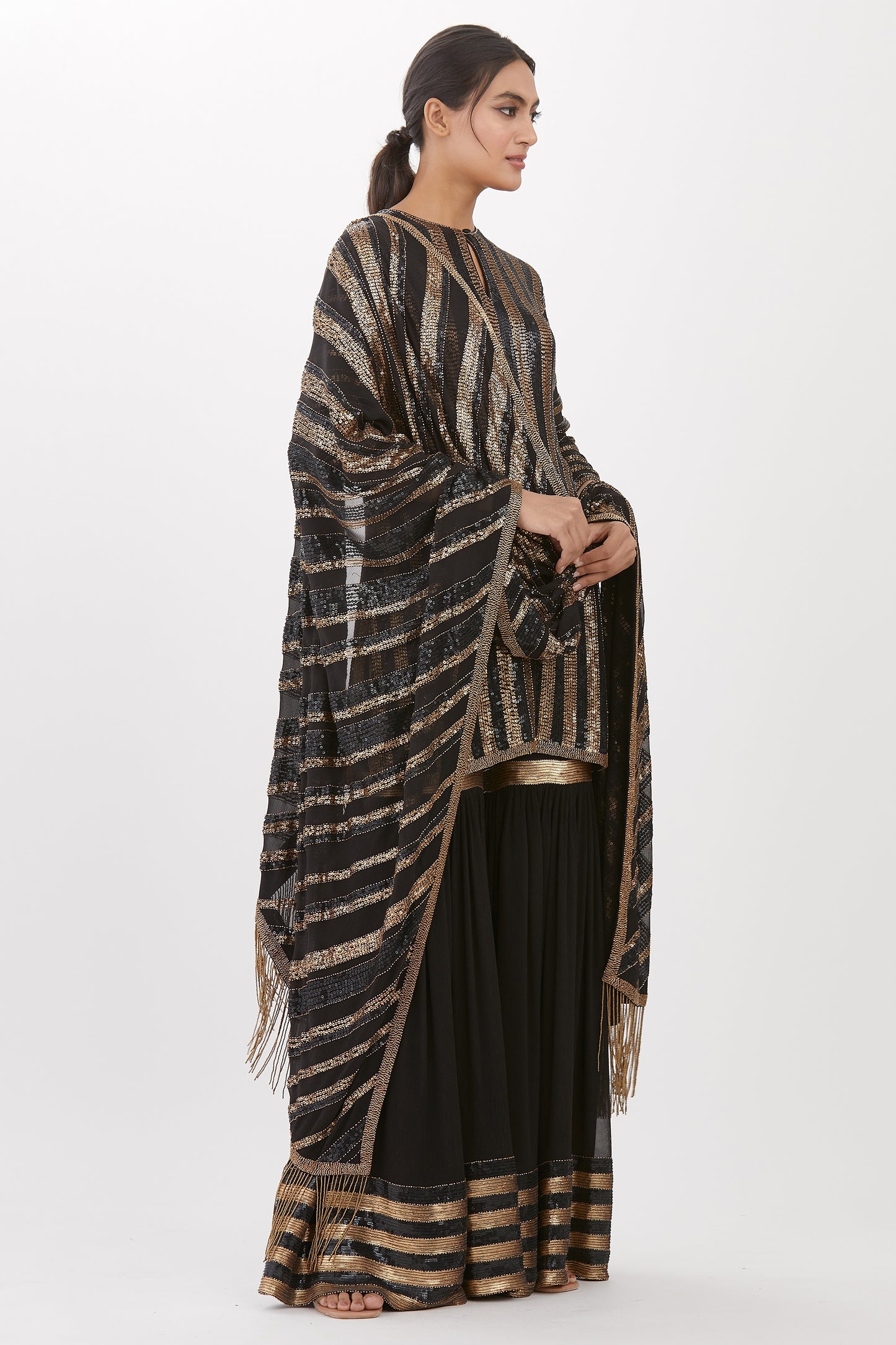 Gharara Set in Striped Sequin Embroidery