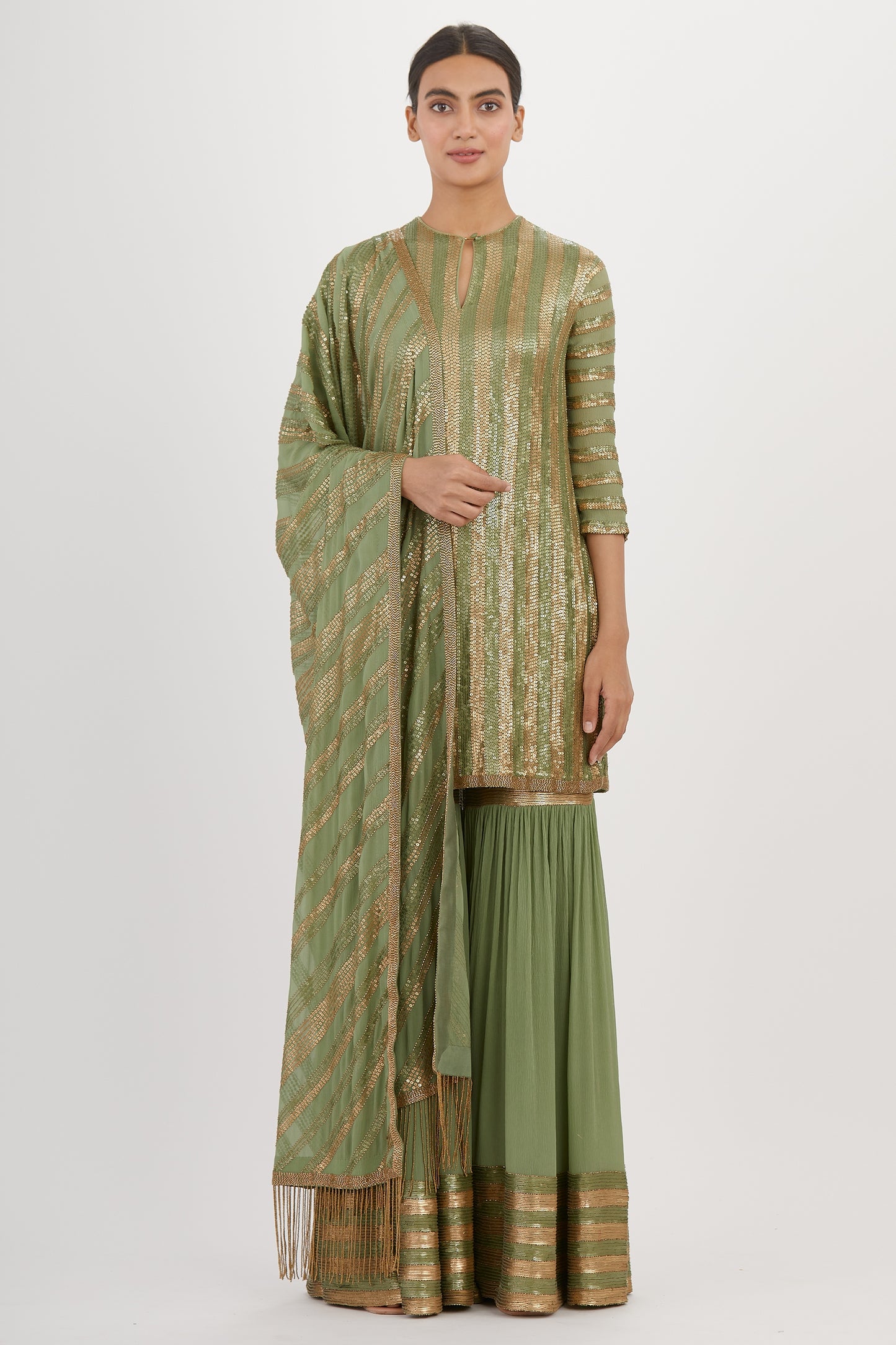 Gharara Set in Striped Sequin Embroidery
