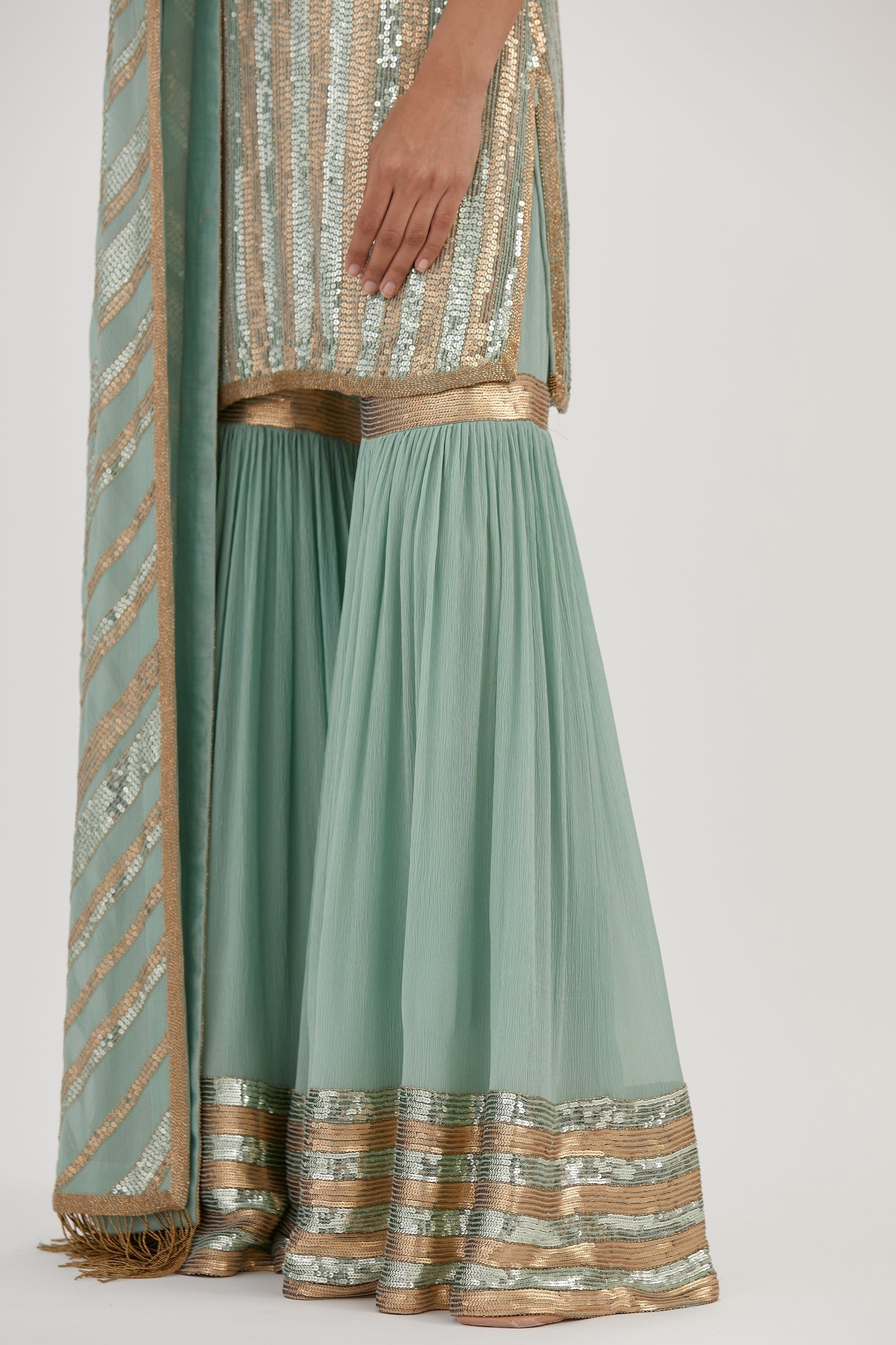 Gharara Set in Striped Sequin Embroidery