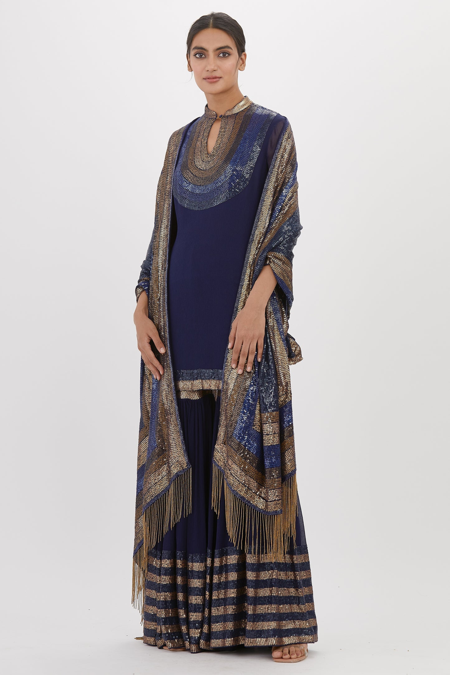 Gharara Set in Striped Sequin Embroidery