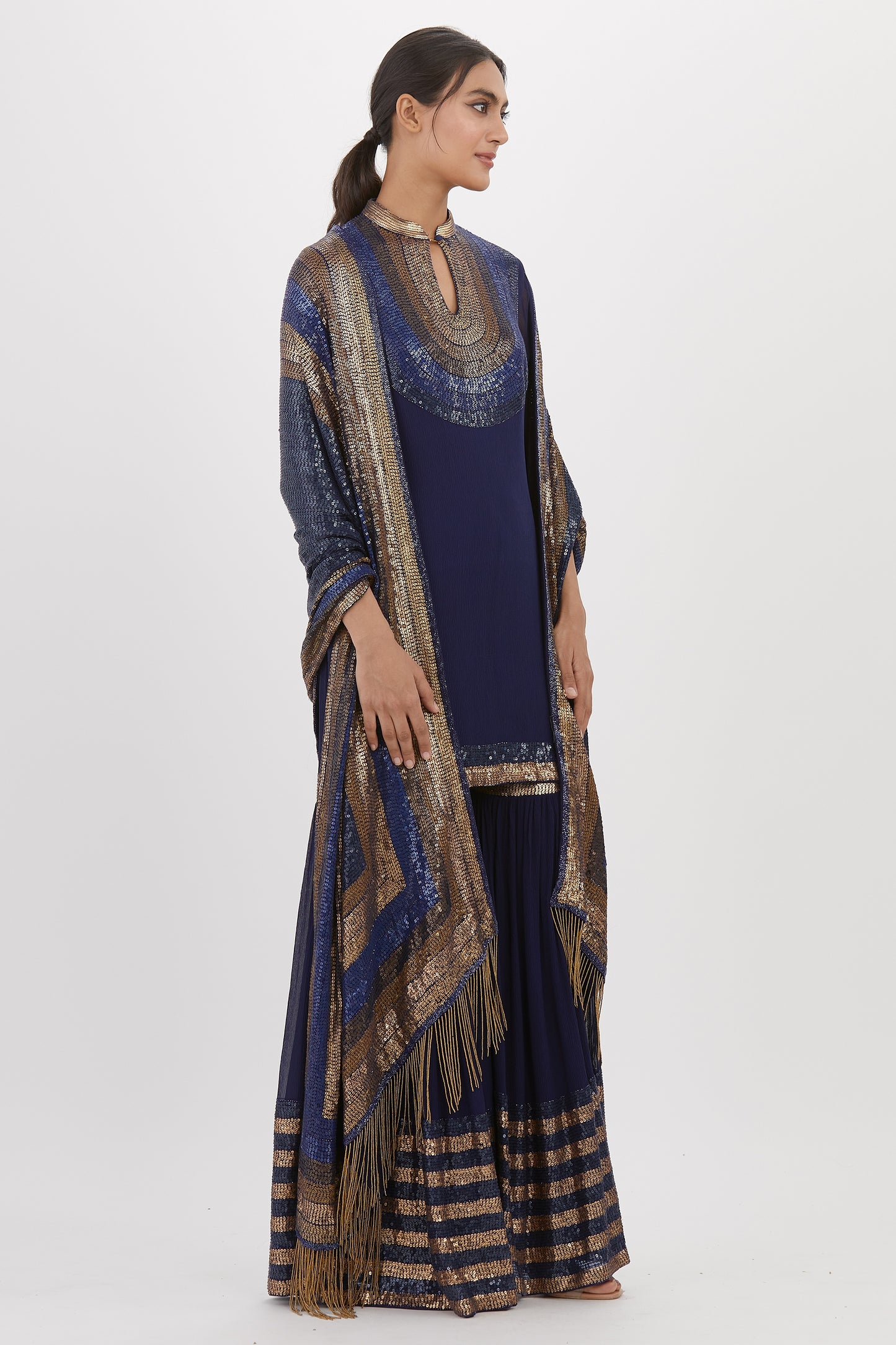 Gharara Set in Striped Sequin Embroidery