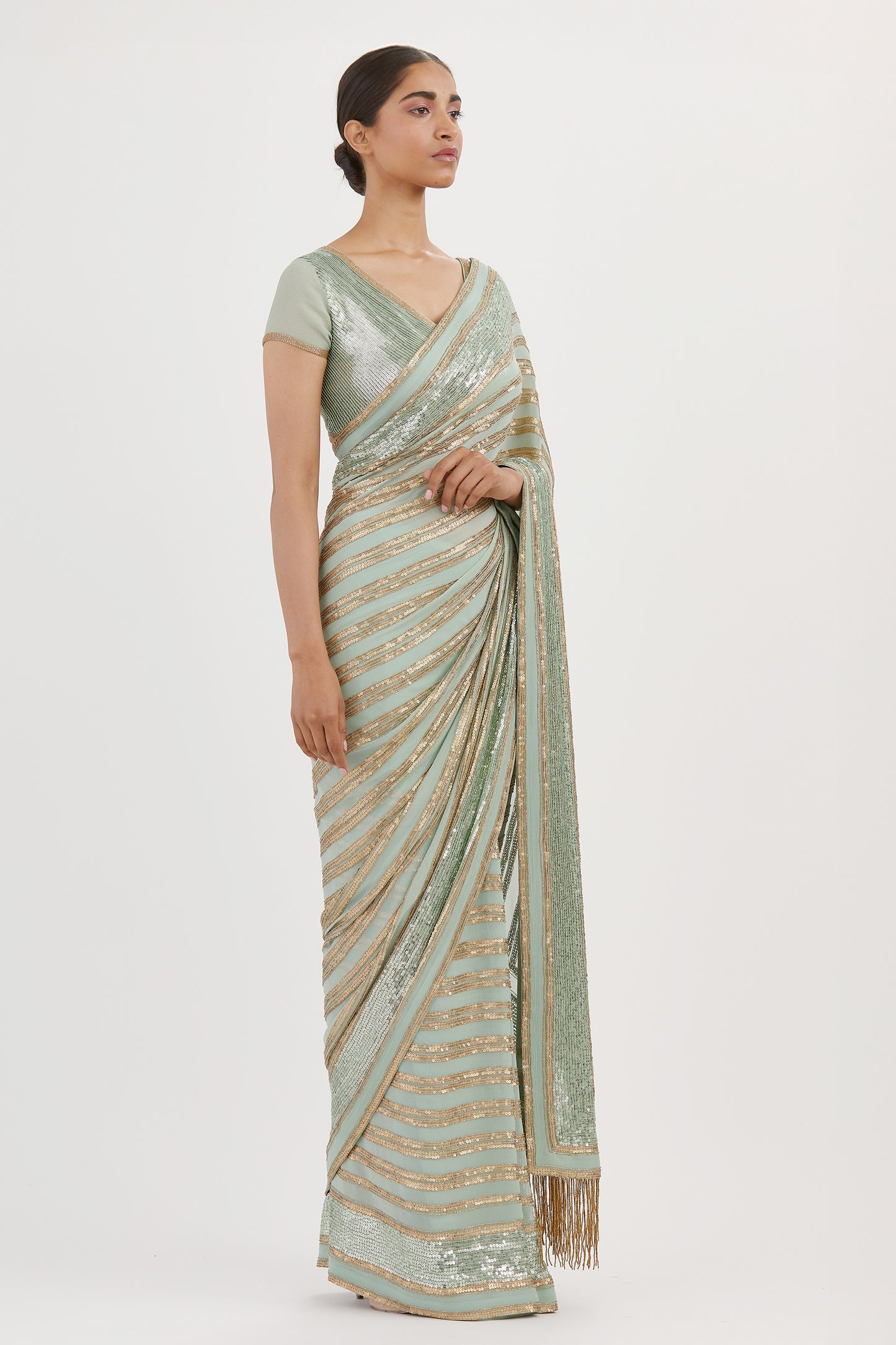 Sari Set in Striped Sequin Embroidery