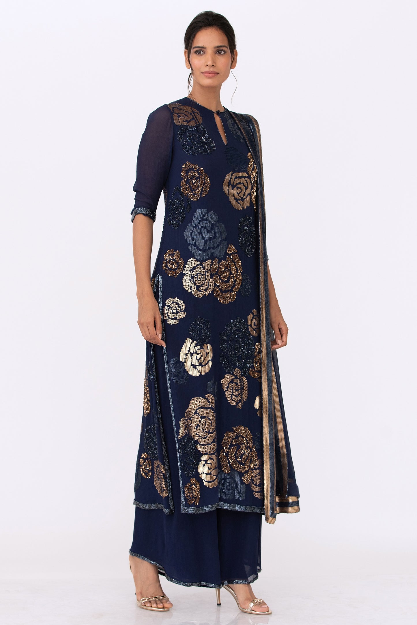 Kurta Set in Signature Rose in Gold Sequin Embroidery