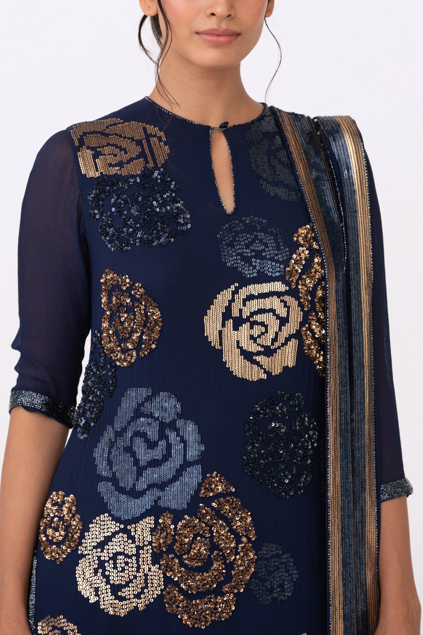 Kurta Set in Signature Rose in Gold Sequin Embroidery