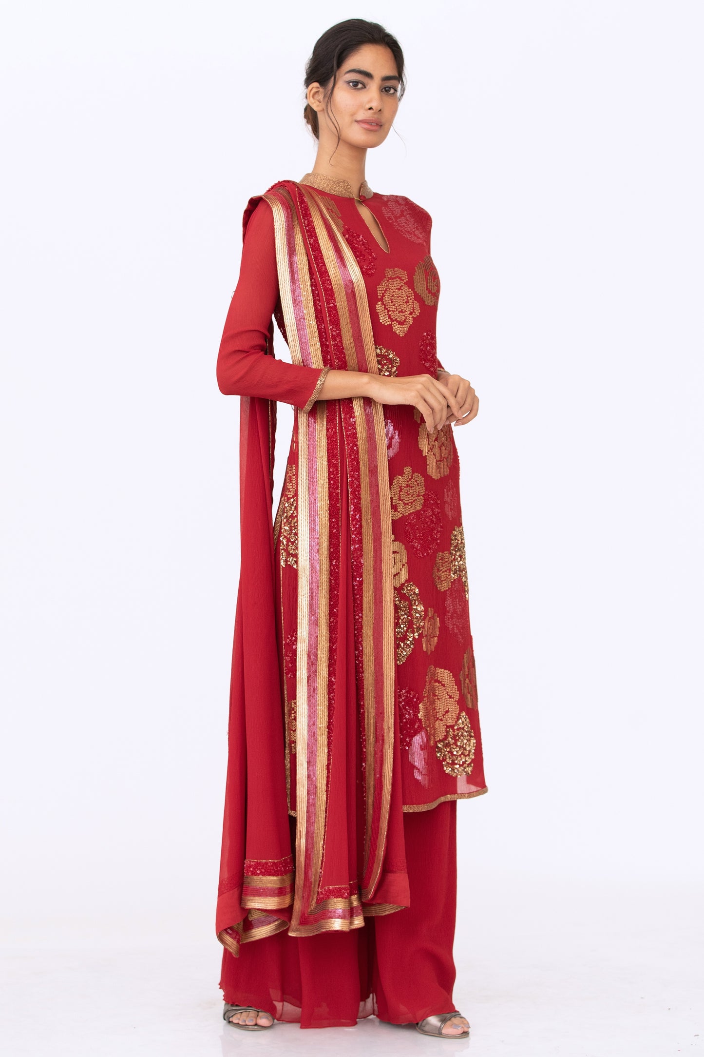 Kurta Set in Signature Rose in Gold Sequin Embroidery