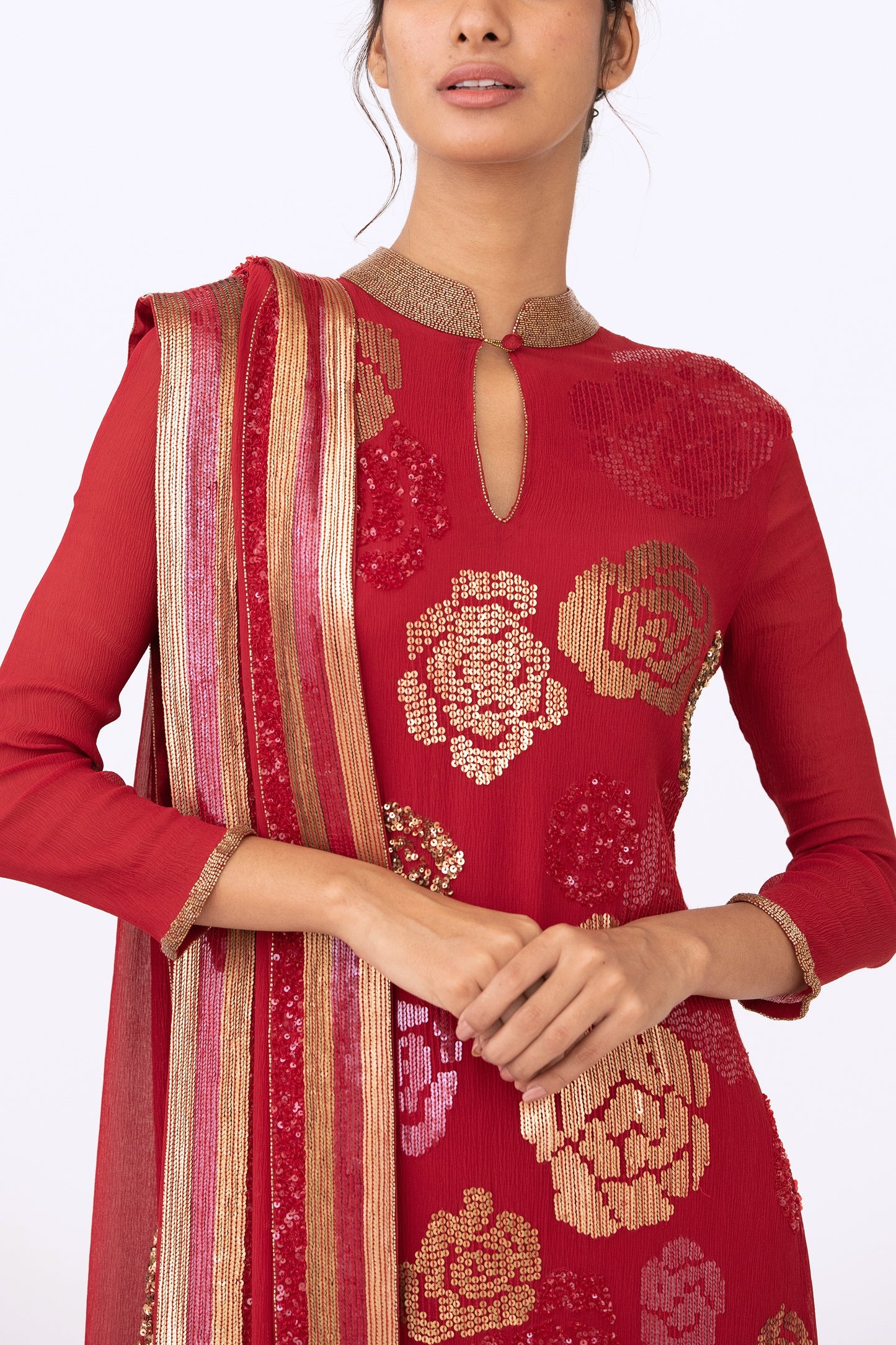 Kurta Set in Signature Rose in Gold Sequin Embroidery