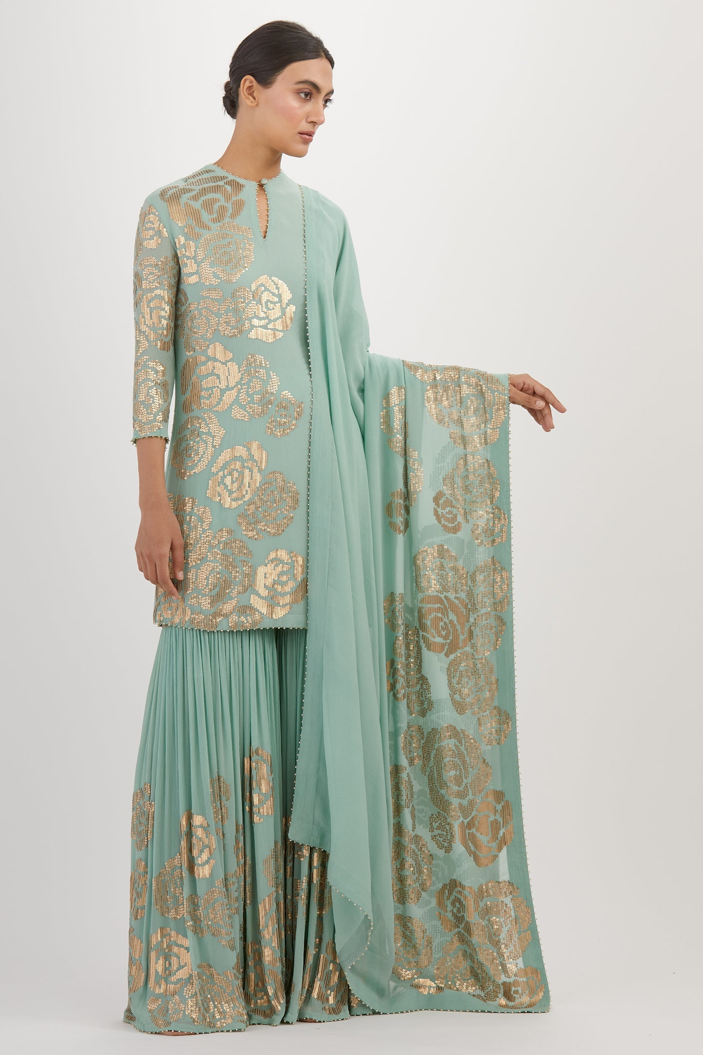 Gharara Set in Signature Rose Design in Gold Sequins Embroidery