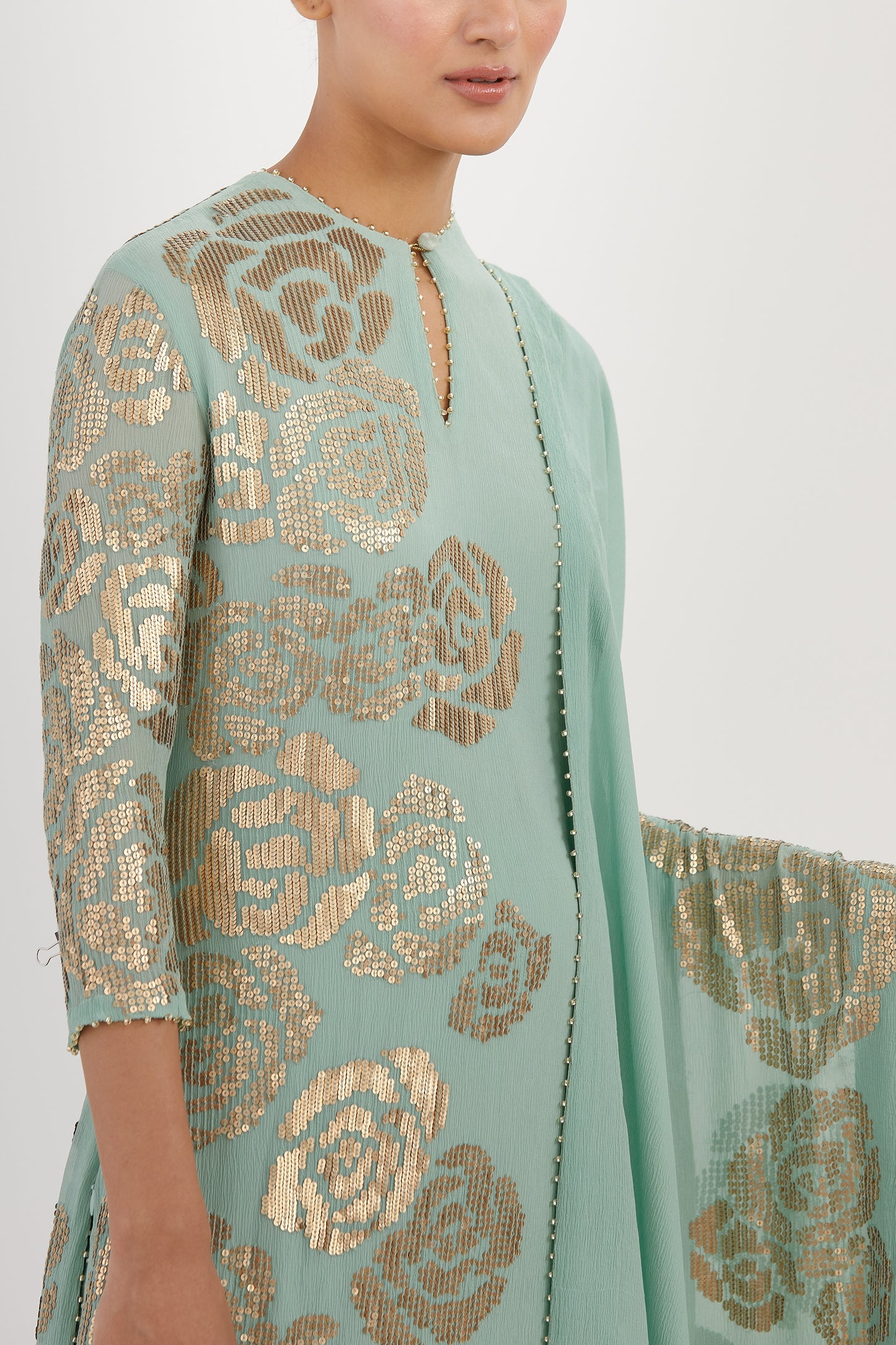 Gharara Set in Signature Rose Design in Gold Sequins Embroidery