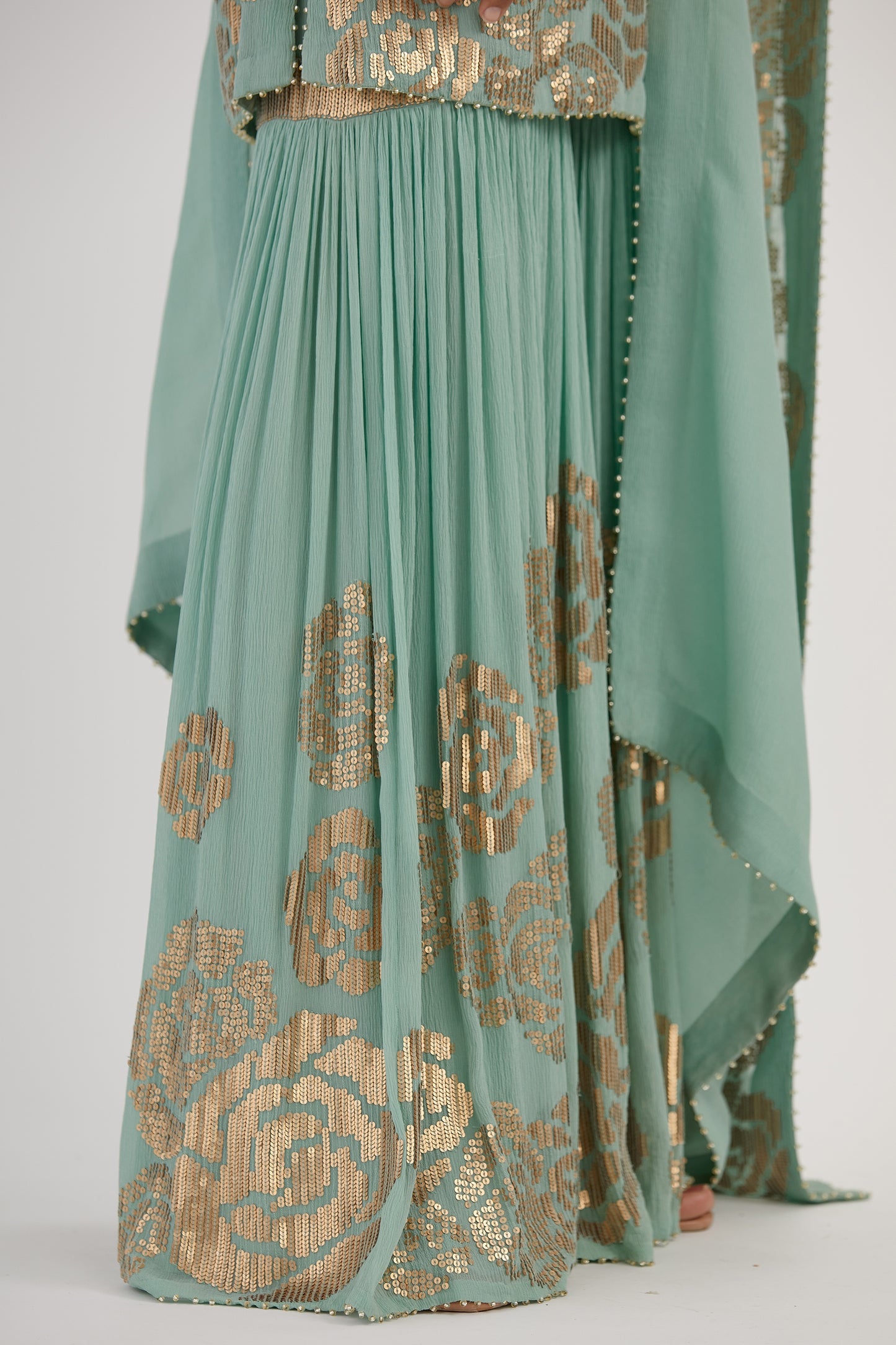 Gharara Set in Signature Rose Design in Gold Sequins Embroidery