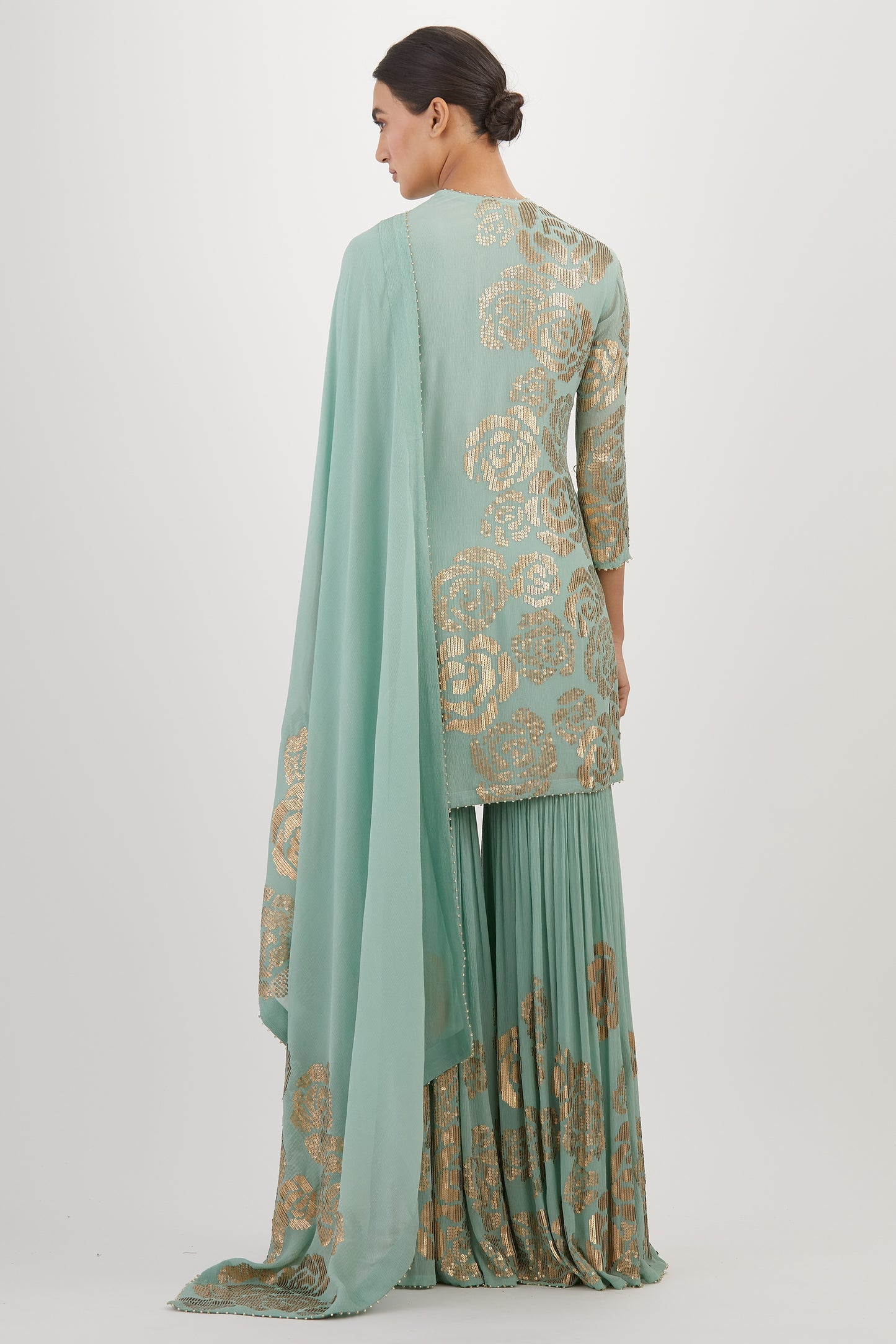Gharara Set in Signature Rose Design in Gold Sequins Embroidery