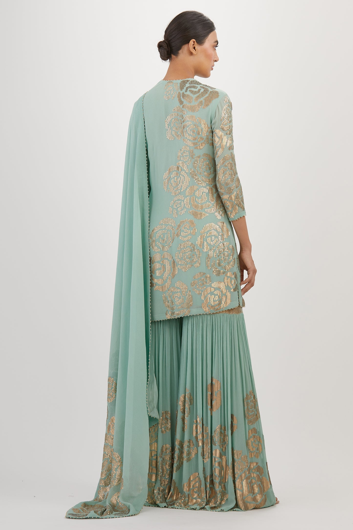Gharara Set in Signature Rose Design in Gold Sequins Embroidery
