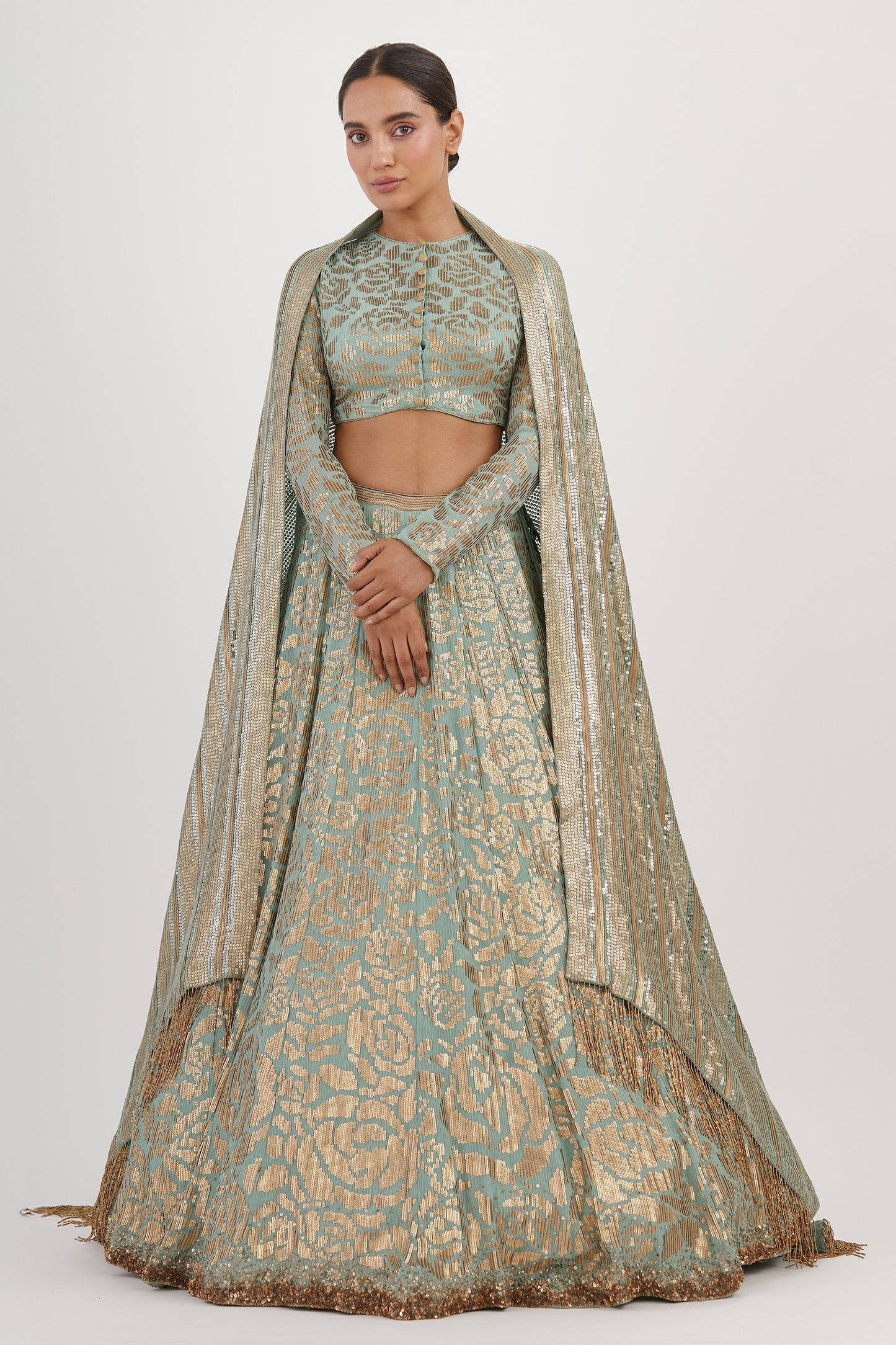 Lehenga Set in Signature Rose Pattern Gold Sequin Embroidery