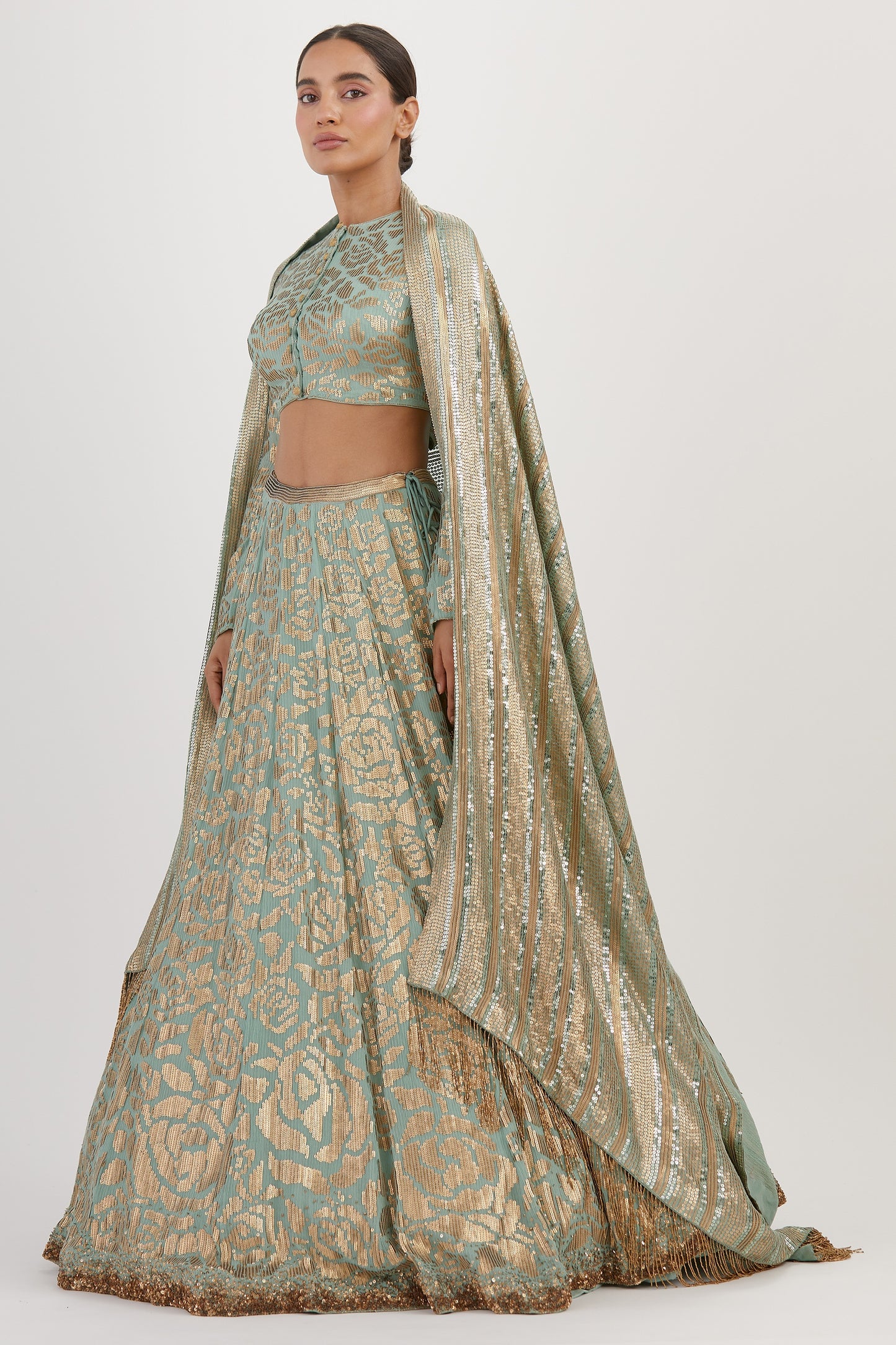 Lehenga Set in Signature Rose Pattern Gold Sequin Embroidery